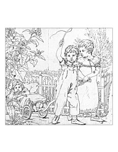 Printable Vintage Coloring Page for adults : Vntage-drawing-with-children