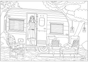 Printable Vintage Coloring Page for adults : Caravan girl