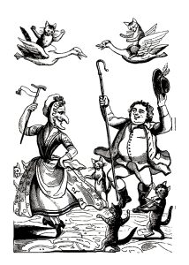 Printable Vintage Coloring Page for adults : Xylography with two characters and cats