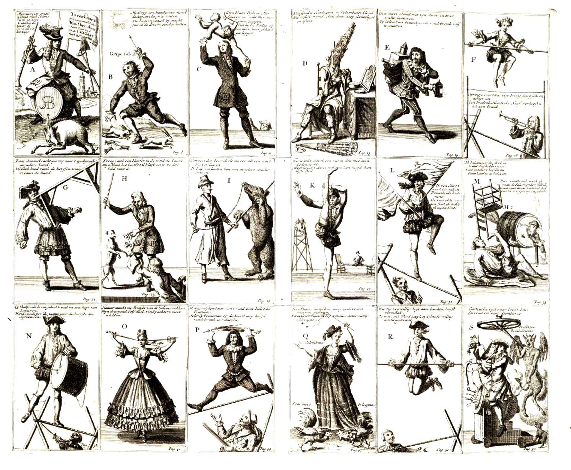 Acrobats forming letters of the alphabet, Holland 1720. Scan of 2 d image in the public domain believed to be free to use without restriction in the US.