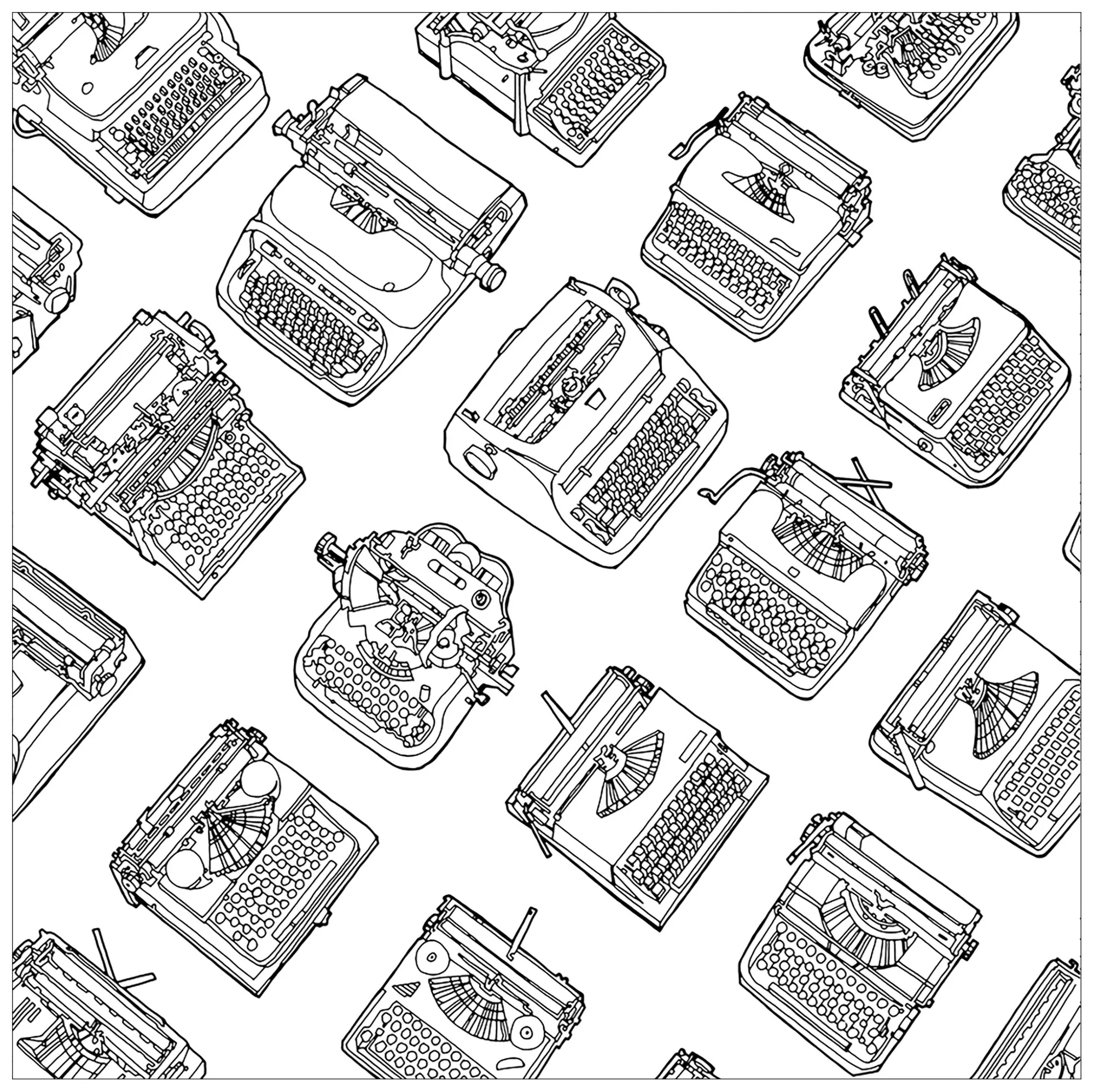 Various typewriters (Printable Vintage Coloring Page for adults)