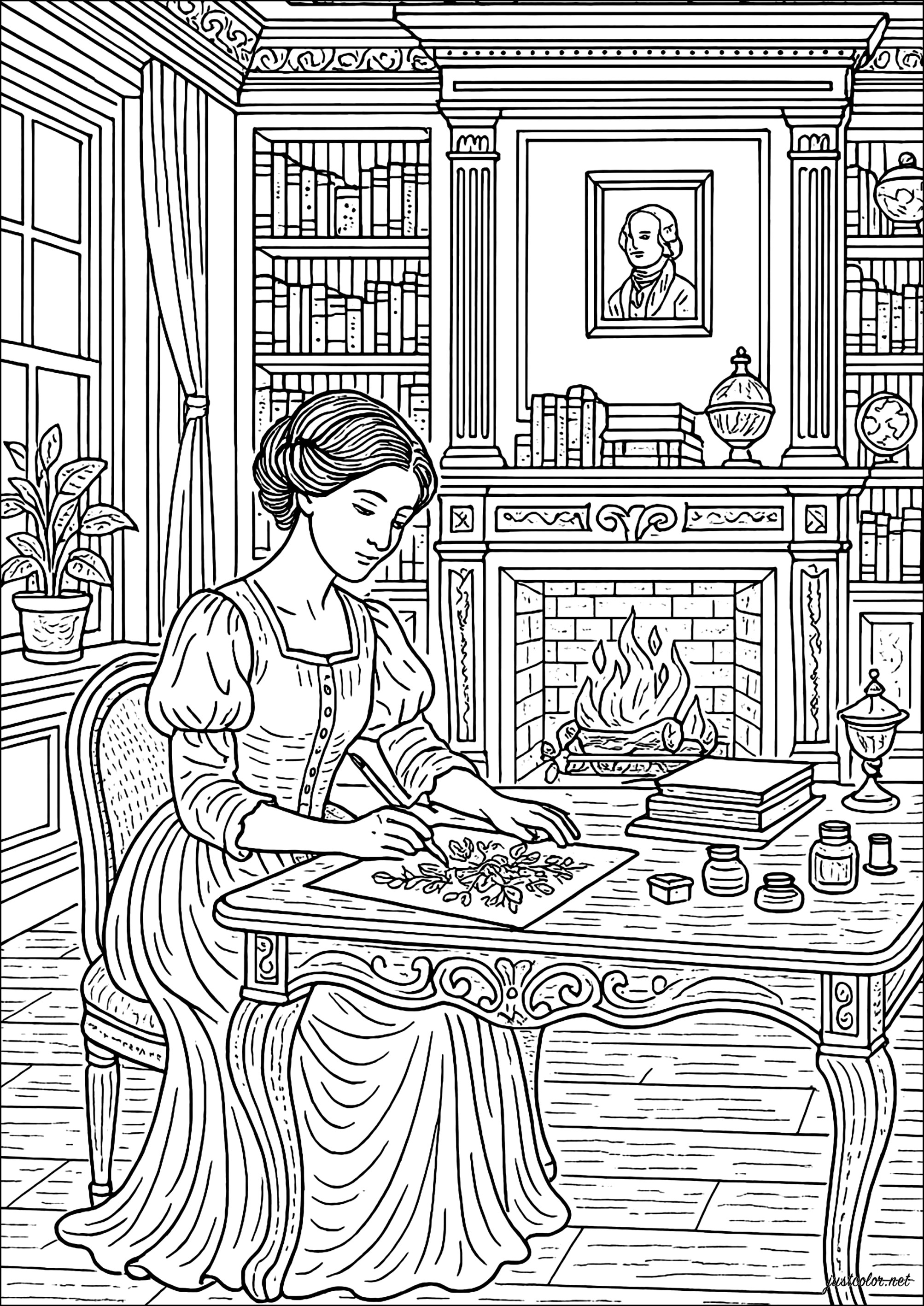 A peaceful moment in a classic library (Printable Vintage Coloring Page for adults)