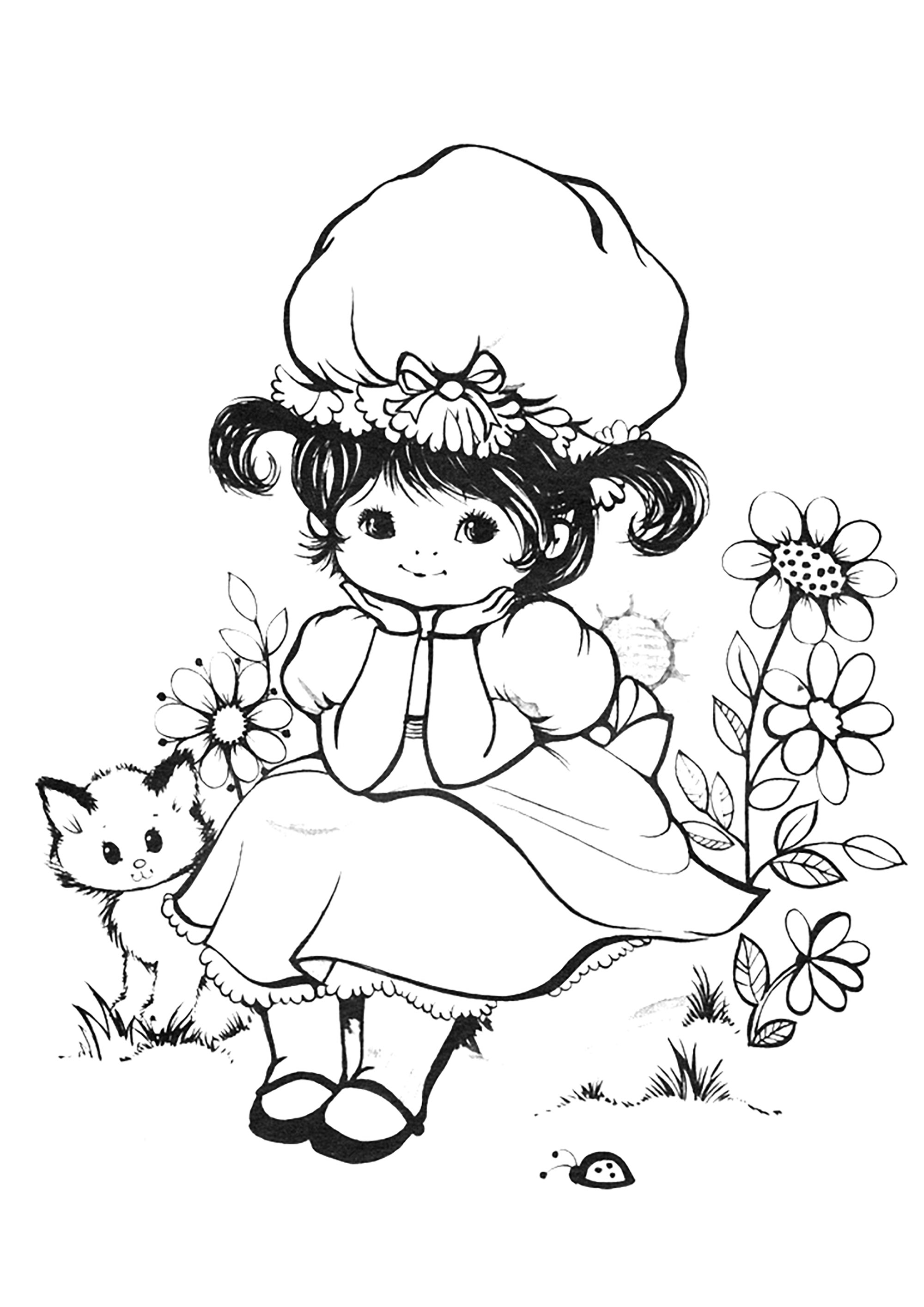 Vintage coloring page of a little girl in the garden with her cat