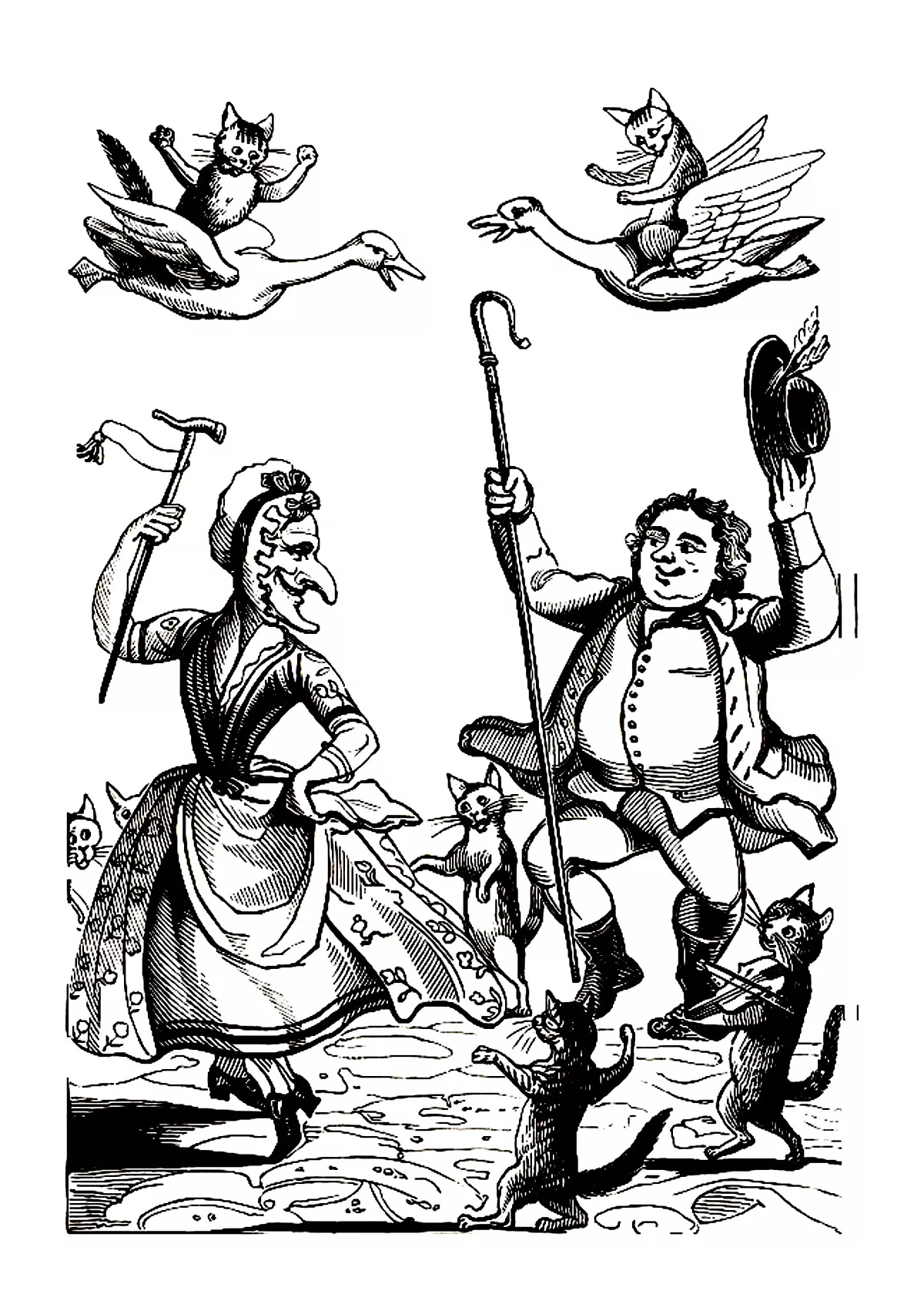 Xylography with two characters and cats (Printable Vintage Coloring Page for adults)