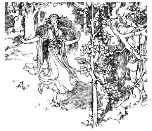 Young man spying on a deesse in the forest (Vintage Coloring Page)