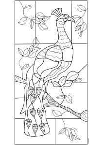 Stained glass peacock window. Color this beautiful peacock with the subtle vegetation that surrounds it Stained glass peacock window