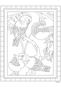 Printable Stained Glass Coloring Page for adults : Parrots and ripe fruit