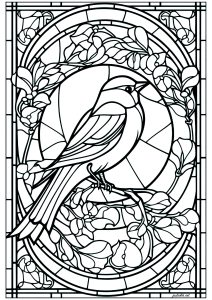 Printable Stained Glass Coloring Page for adults : A little bird in a window