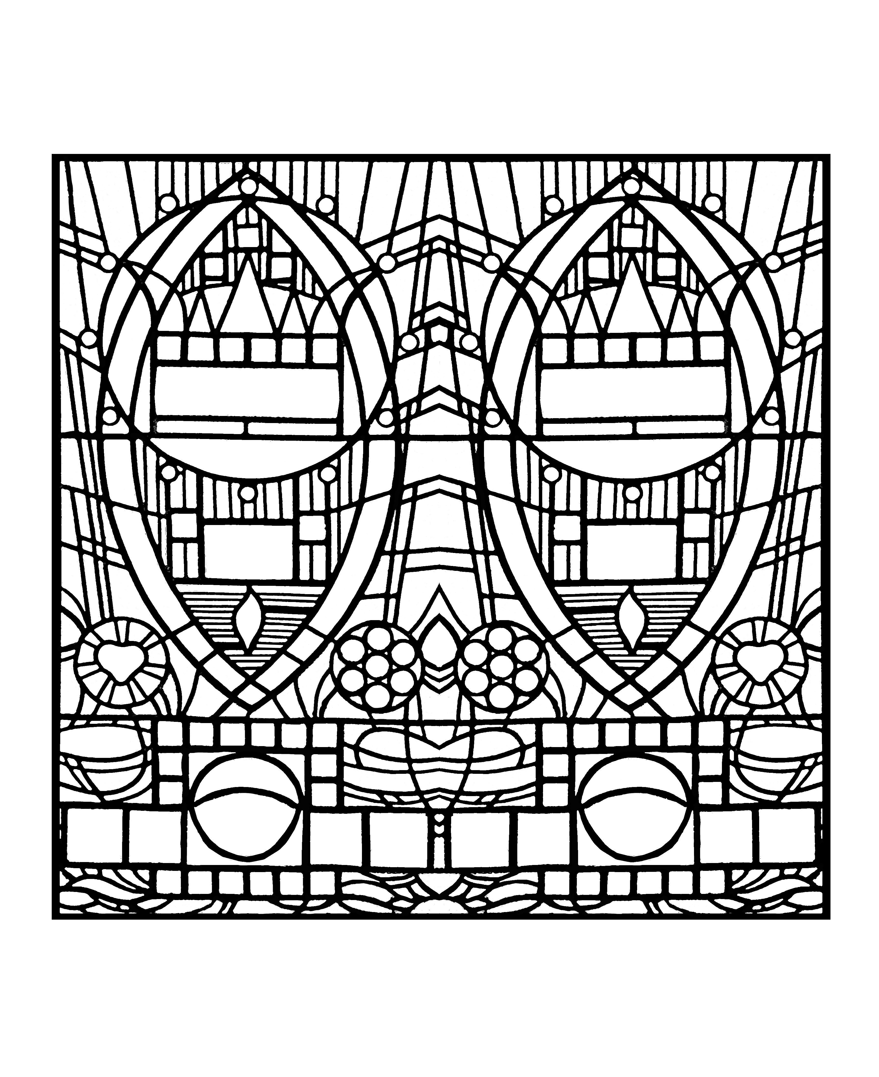 Coloring page made from a modern Stained glass : 'L'apparition bleue', Church of Edegem in France - square version