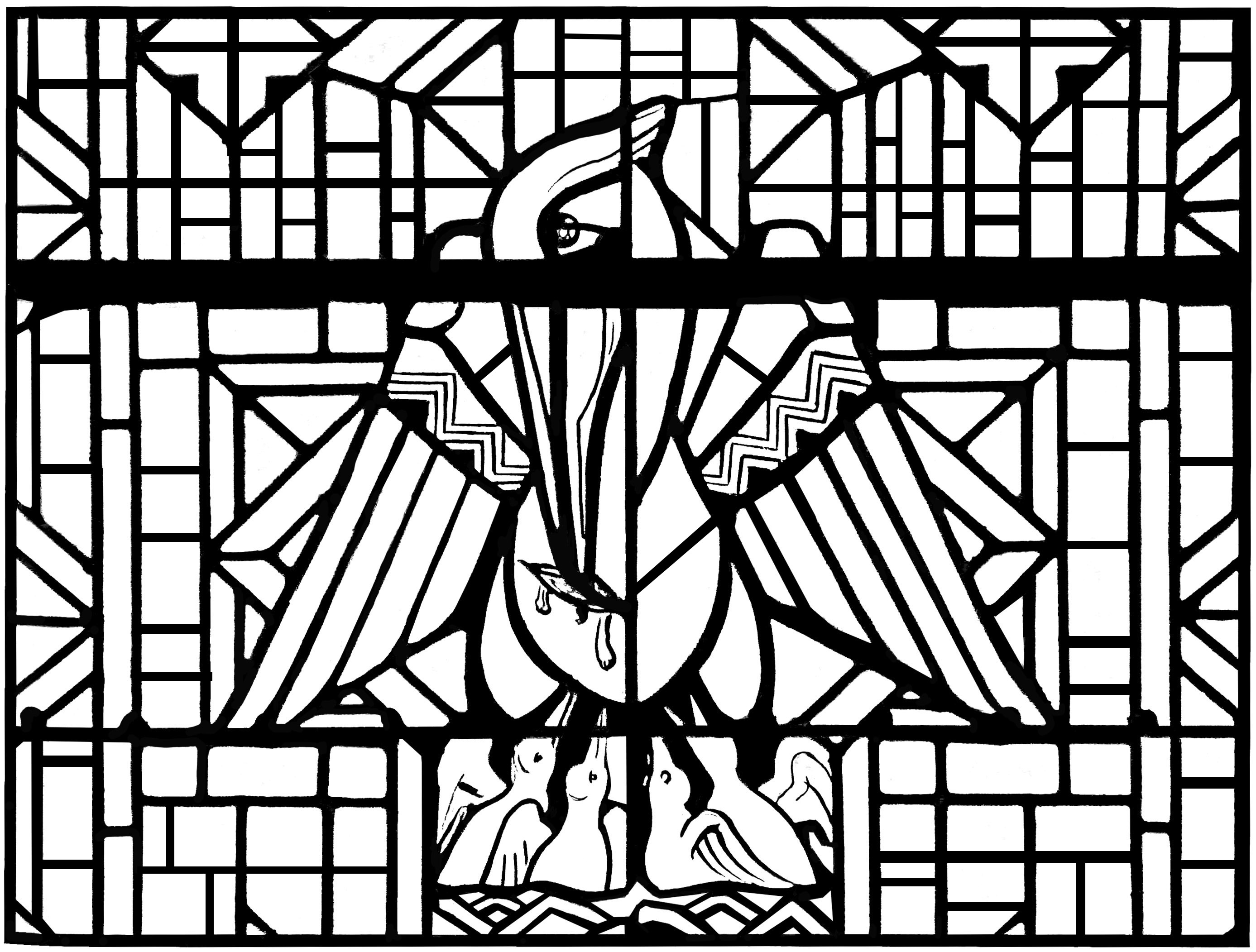 Coloring page made from a modern Stained glass representing a pelican. Church of Arthon en Retz, in France - Complex version