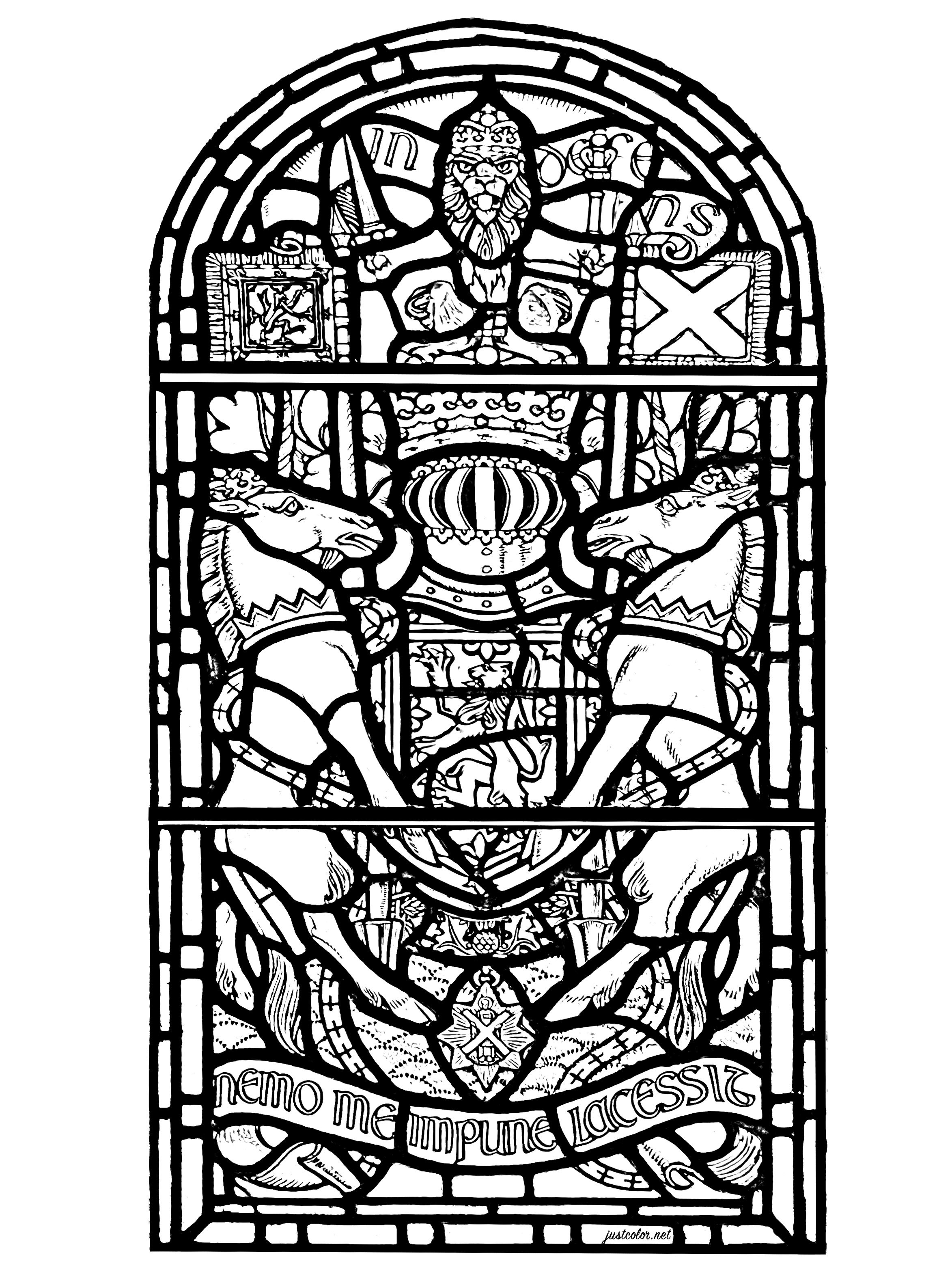 Stained glass window from Edinburgh Castle, Scotland. The stained glass depicts various symbols of Scotland, as well as the text 'Nemo me impune lacessit', which is the Latin motto of the Order of the Thistle.It appears on the royal arms of the United Kingdom in Scotland.It means 'No one offends me with impunity'. Stained glass window from Edinburgh Castle, Scotland. The stained glass depicts various symbols of Scotland, as well as the text 'Nemo me impune lacessit', which is the Latin motto of the Order of the Thistle.It appears on the royal arms of the United Kingdom in Scotland.It means 'No one offends me with impunity'.