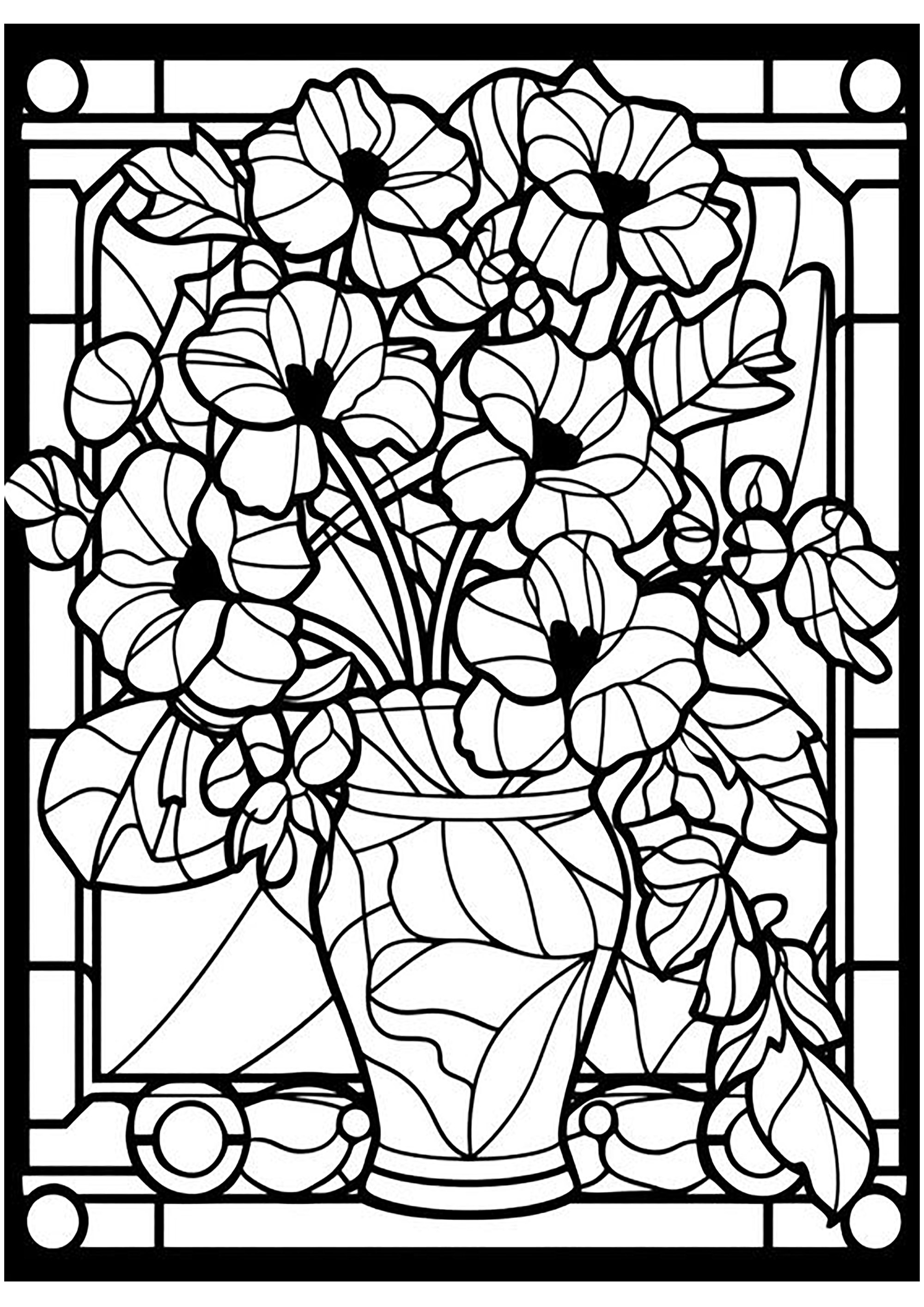 Imaginary stained glass window with a beautiful vase filled with flowers and abstract motifs