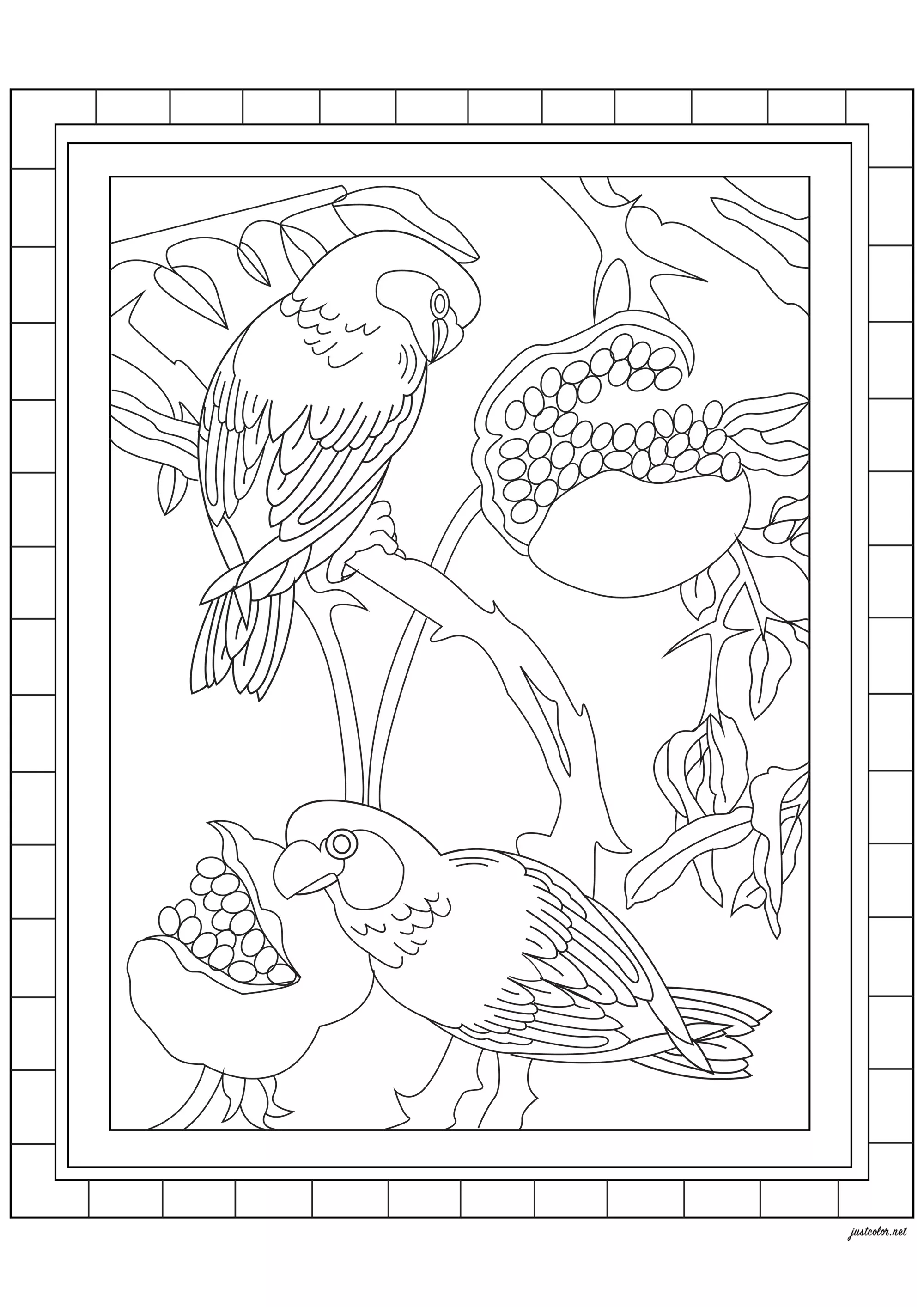 Parrots and ripe fruit (Printable Stained Glass Coloring Page for adults)