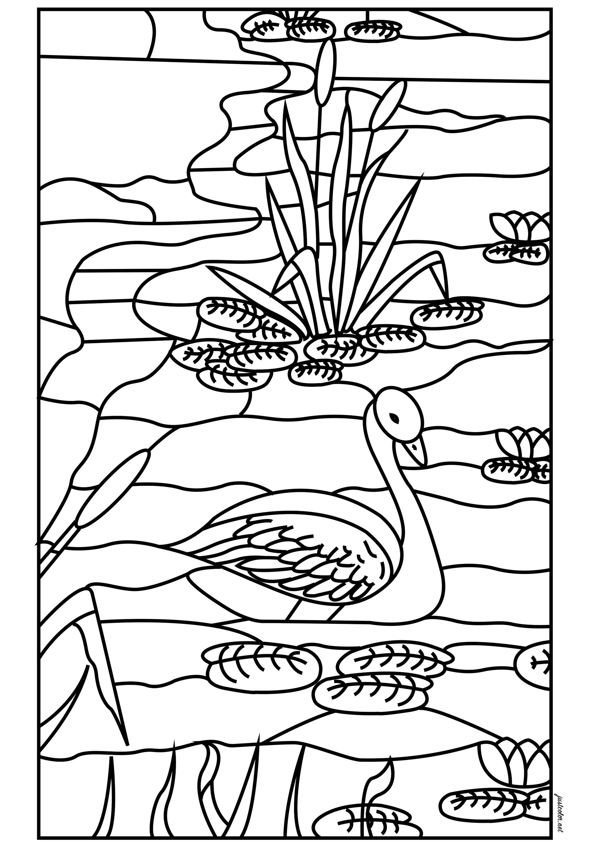 Goose in a pond (Printable Stained Glass Coloring Page for adults)
