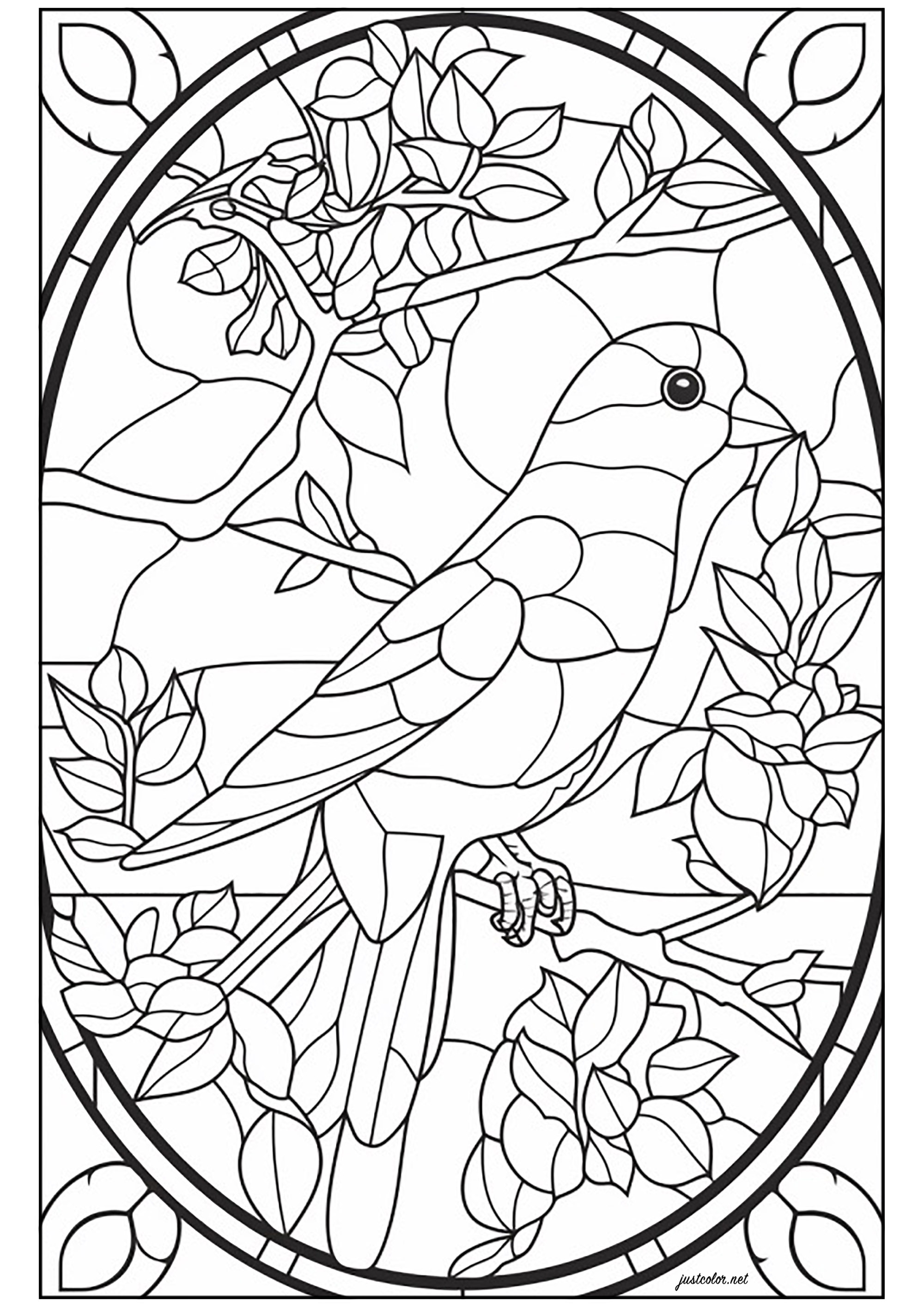 Stained glass window with a beautiful bird. A beautiful cross between a dove and a sparrow