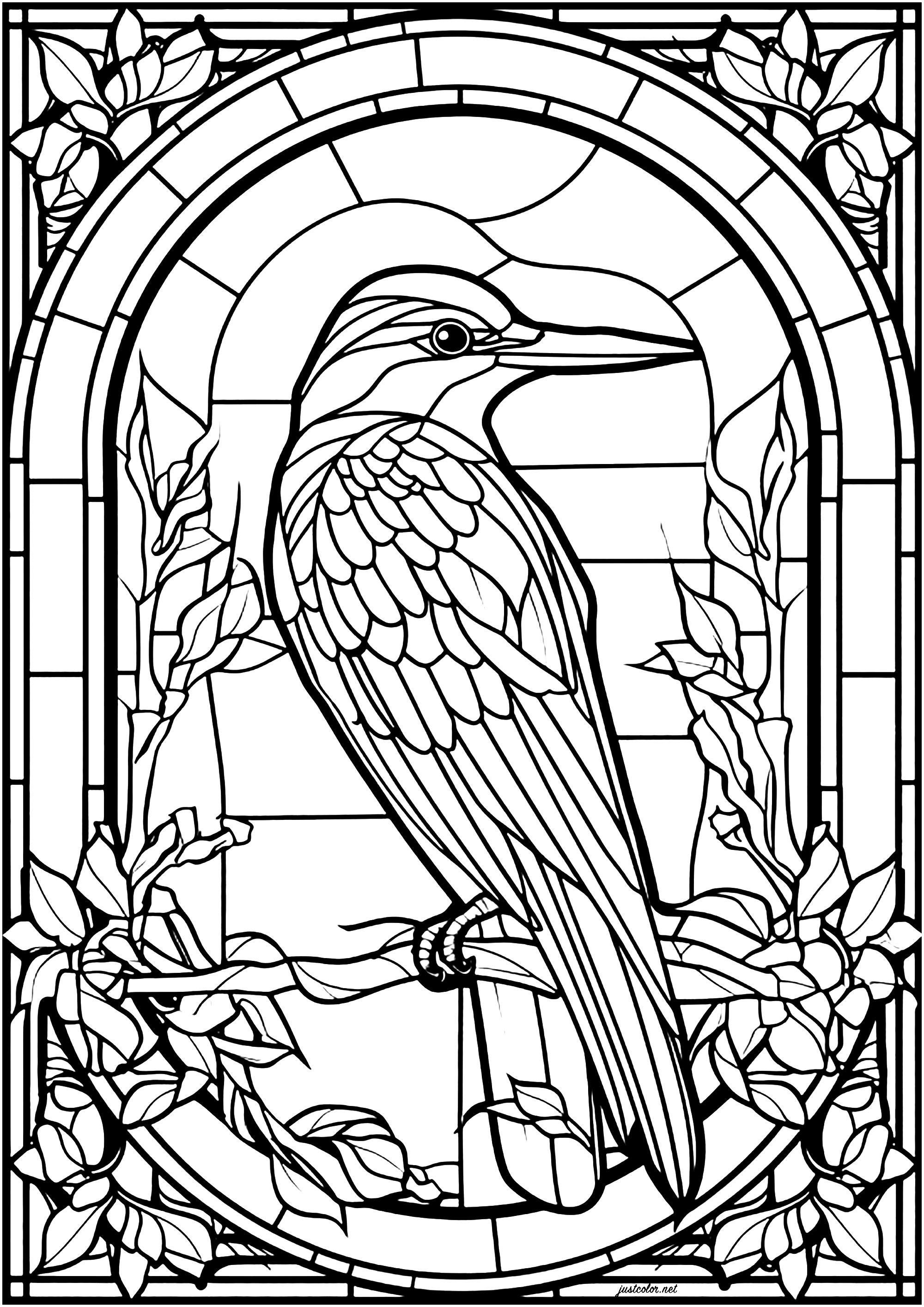 Bird in a pretty stained glass window. This bird is a kingfisher