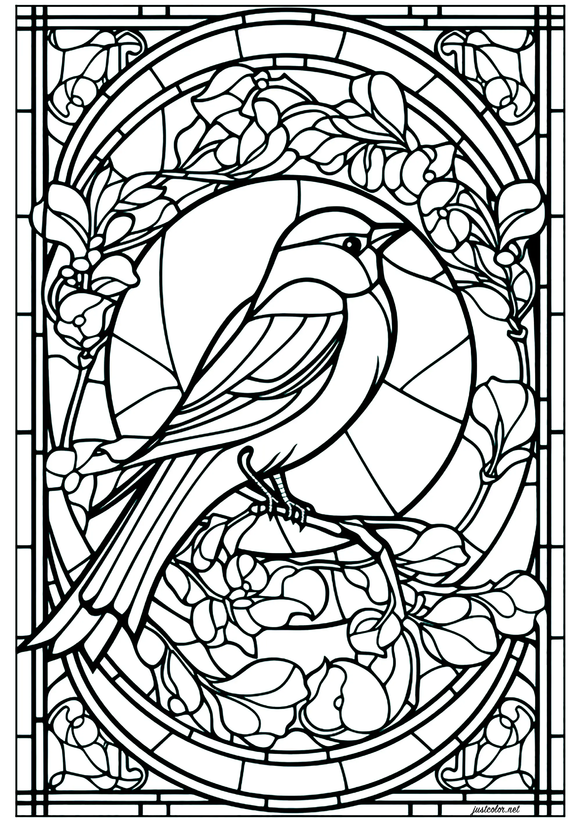 A little bird in a window (Printable Stained Glass Coloring Page for adults)