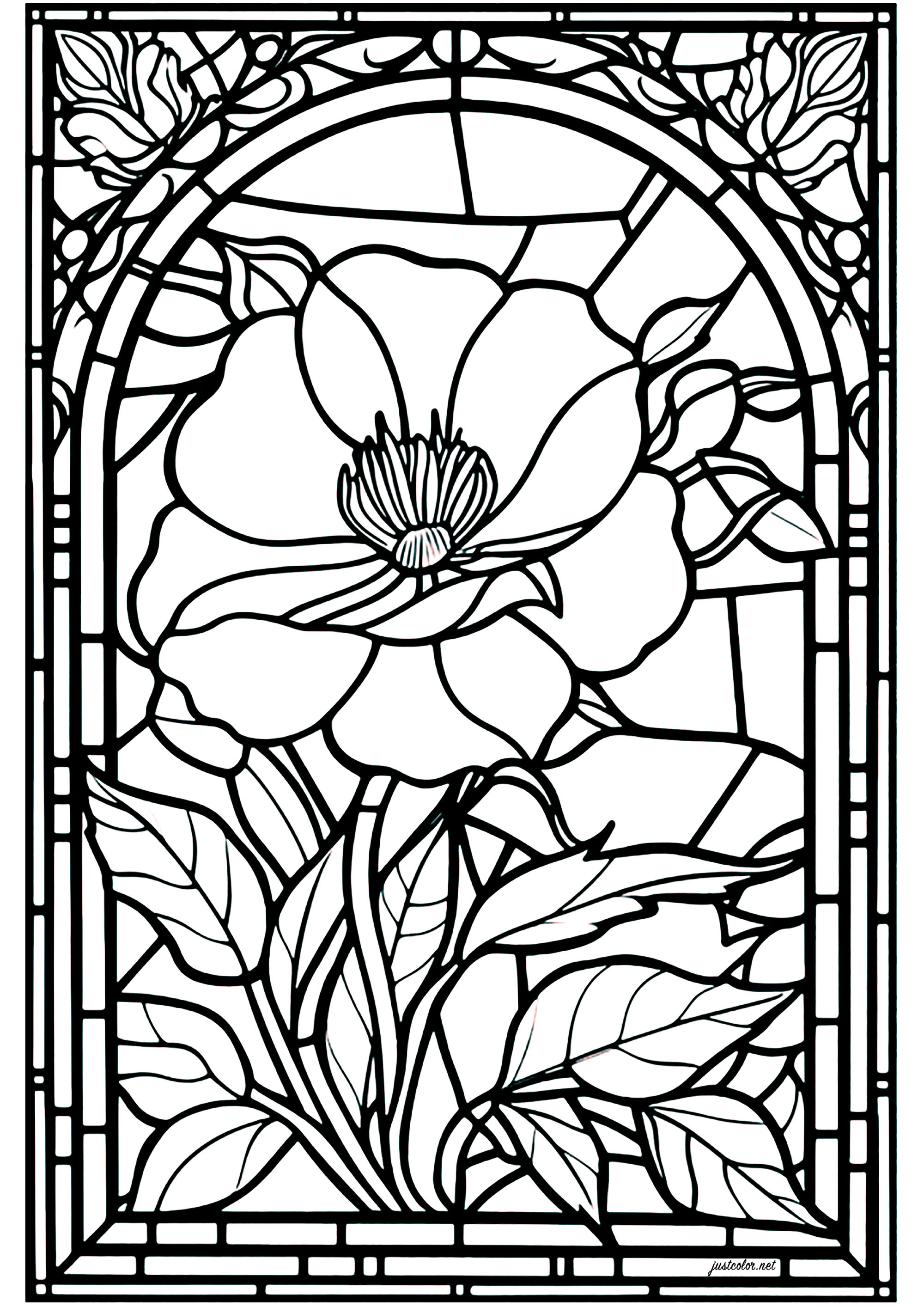 Coloring a stained-glass window with a pretty flower as the main subject