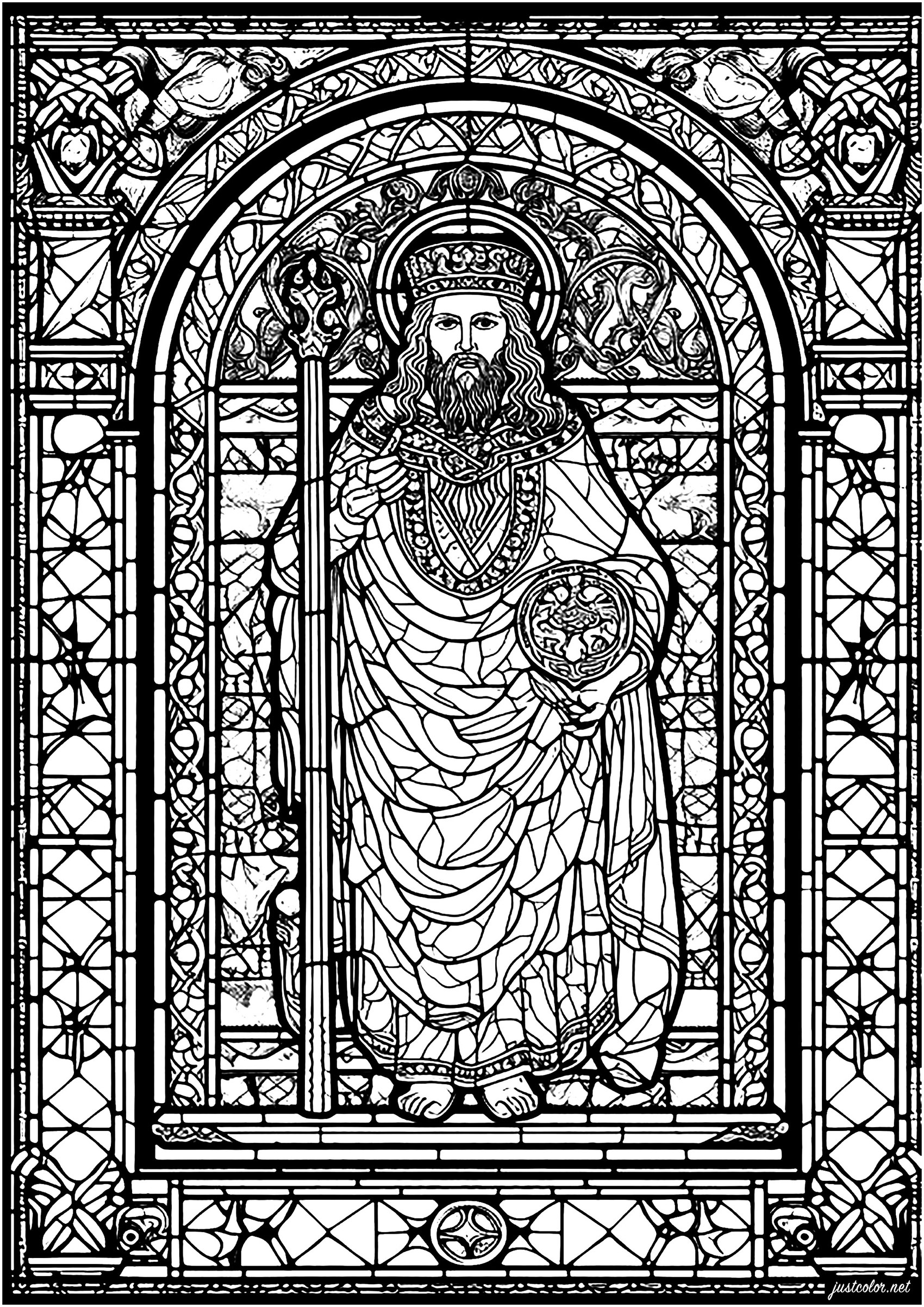 Stained glass window depicting an imaginary king. A coloring page of great complexity: lots of details to color!