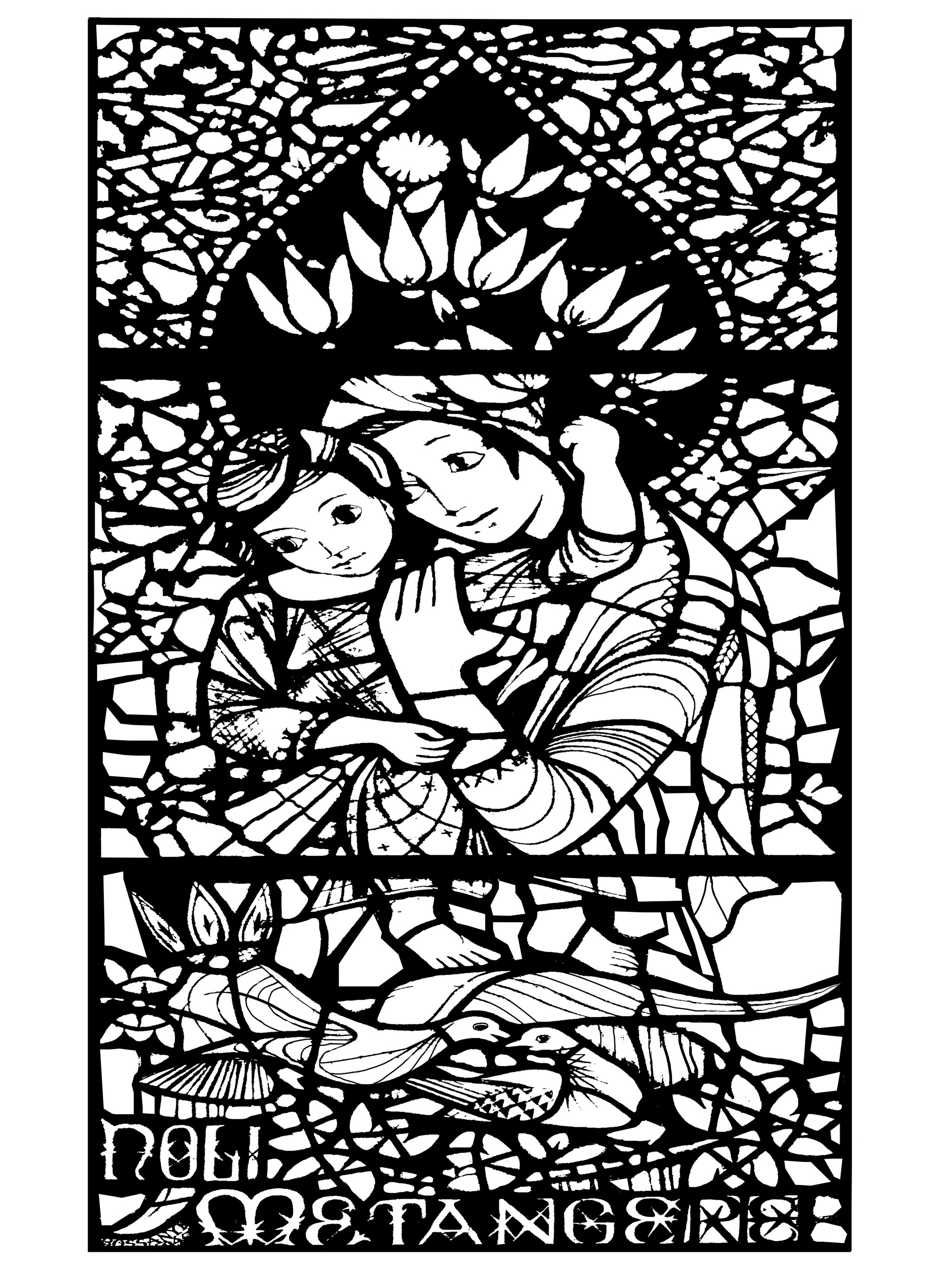 Coloring page created from a Stained glass : Noli Me Tangere, by Ervin Bossanyi (1946)