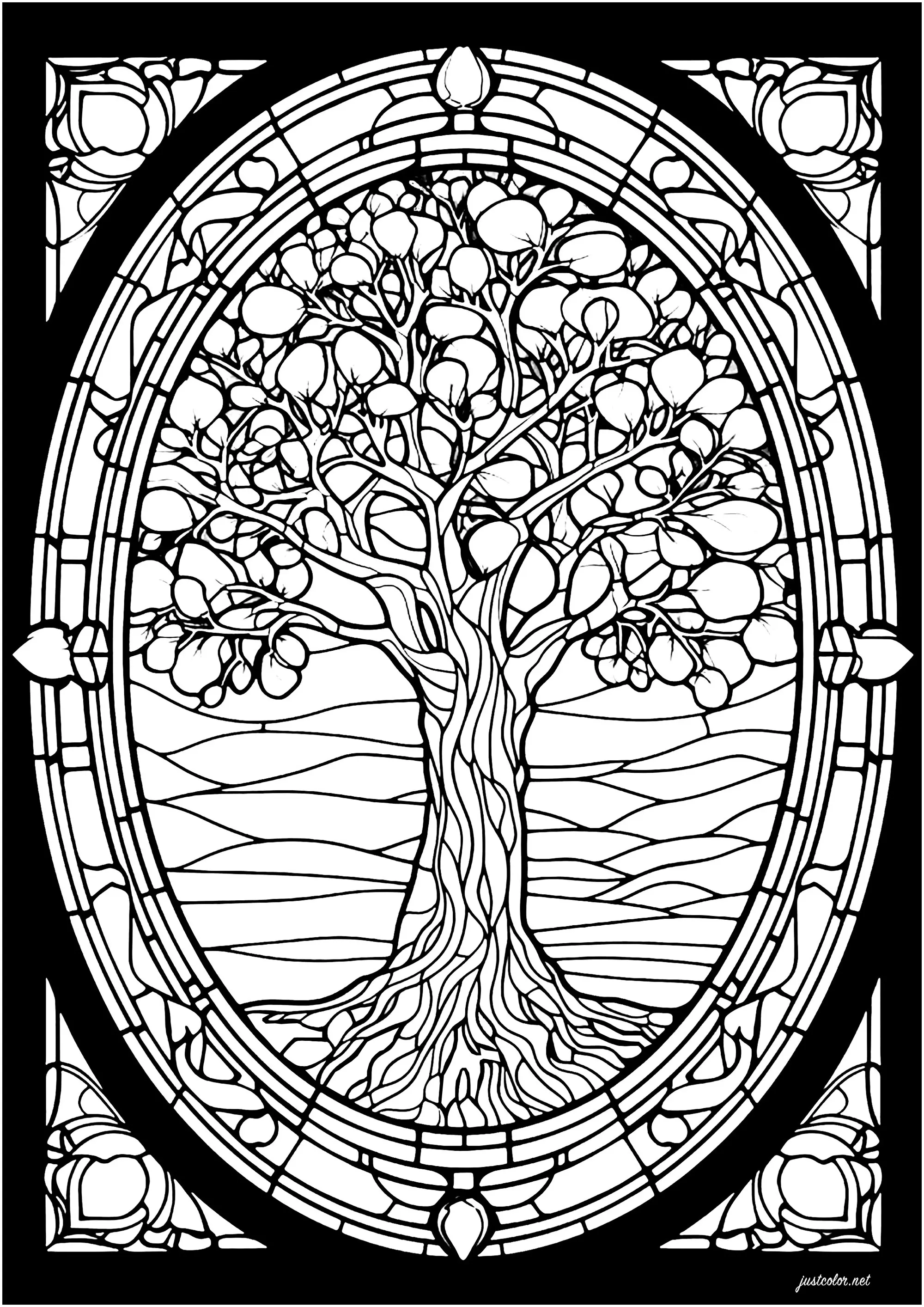 Pretty tree in a stained glass window (Printable Stained Glass Coloring Page for adults)