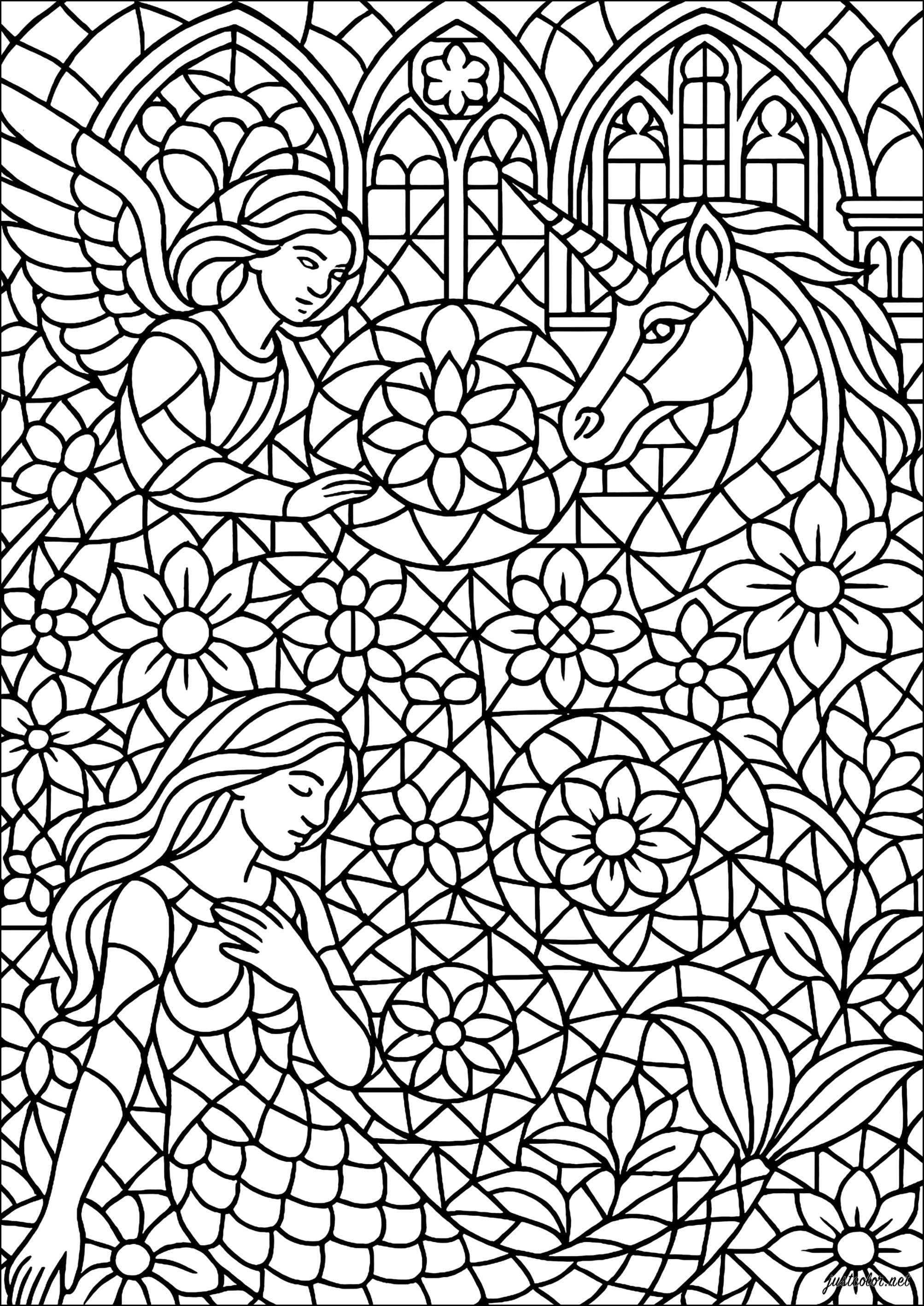 Mythological and floral stained glass (Printable Stained Glass Coloring Page for adults)