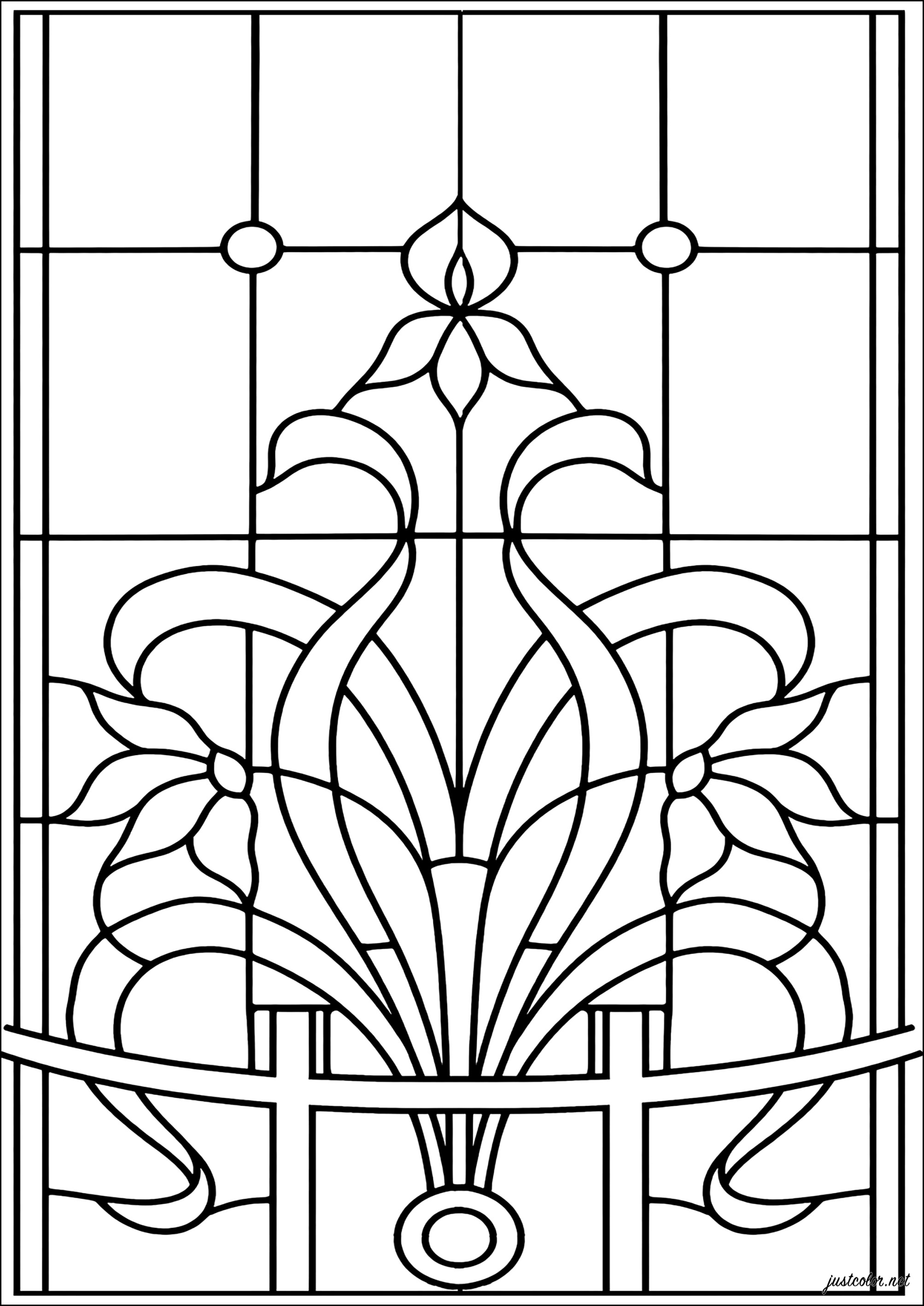 Floral elegance in stylized stained glass (Printable Stained Glass Coloring Page for adults)