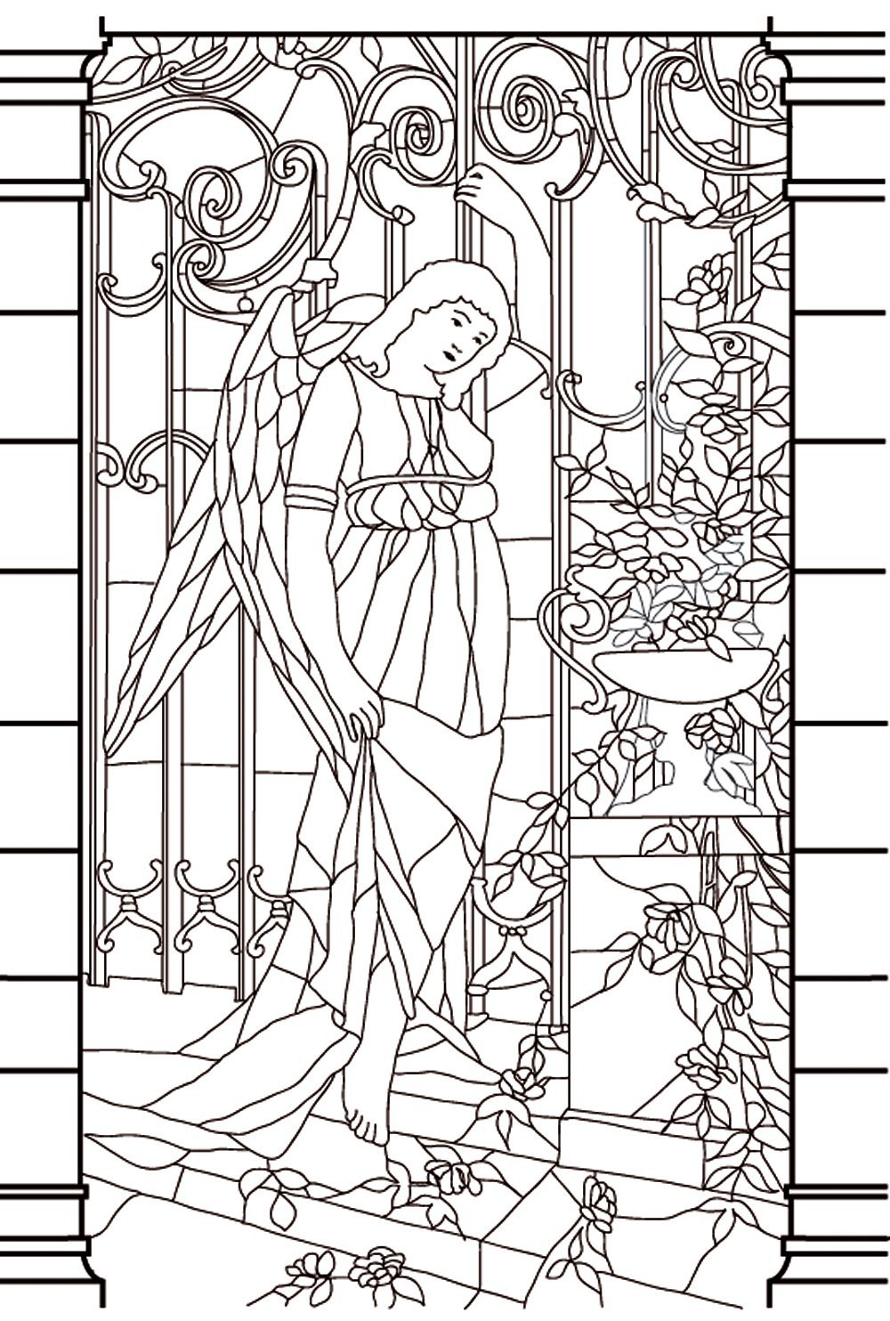 Drawing window (stained glass) of a goddess in a melancholy aspect, to print and color