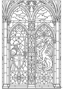 Medieval stained glass with knight and dragon (Stained Glass Coloring Page)