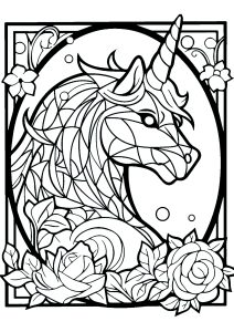 Imaginary stained glass window with unicorn in profile and pretty flowers