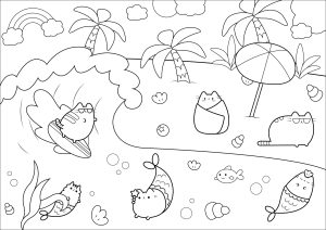 Printable Water world Coloring Page for adults : Pusheen : Sea, fun and sun