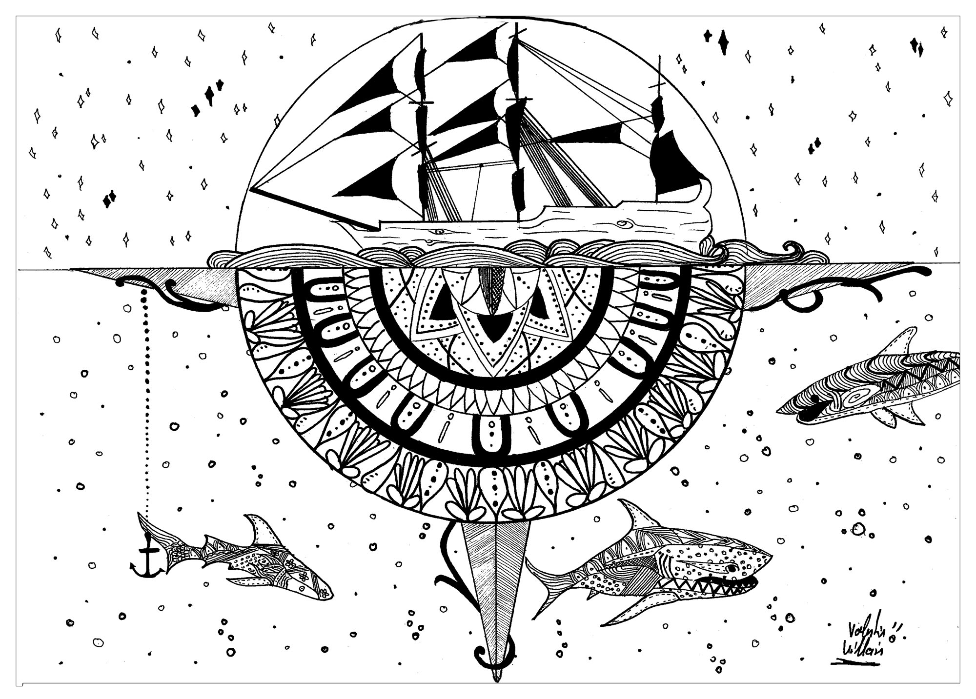 A coloring page inspired by Mandalas and the Black Pearl ship in Pirates of the Caribbean, Artist : Valentin