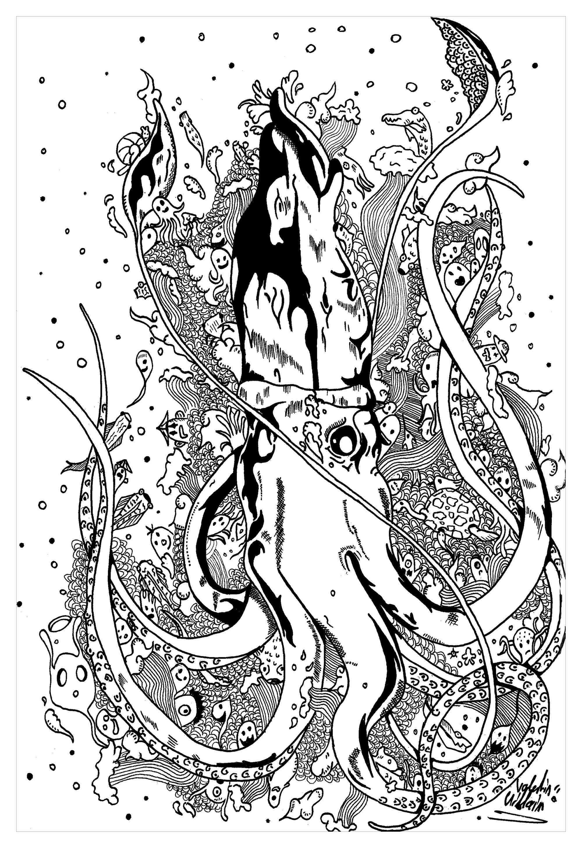 Aquatic coloring inspired by Jules Verne's novel Twenty Thousand Leagues Under the Sea. Color this giant octopus and the many details in this incredible and unique coloring page, Artist : Valentin