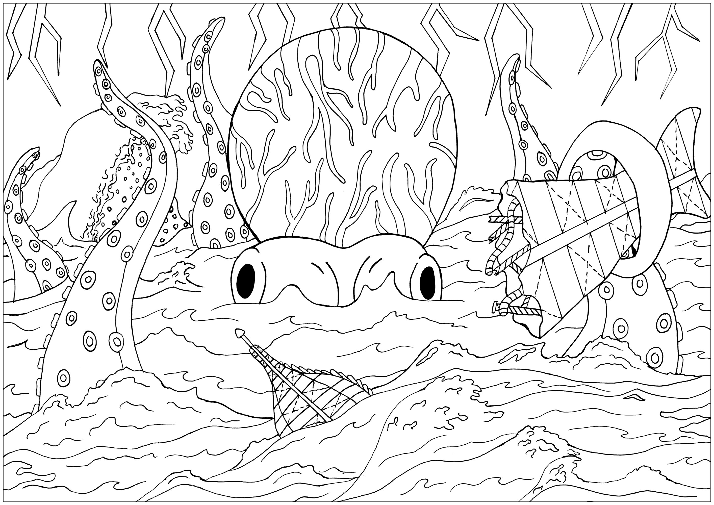 Coloring page inspired by the Jules Verne's novel 20 000 leagues under the sea, Artist : Amelie