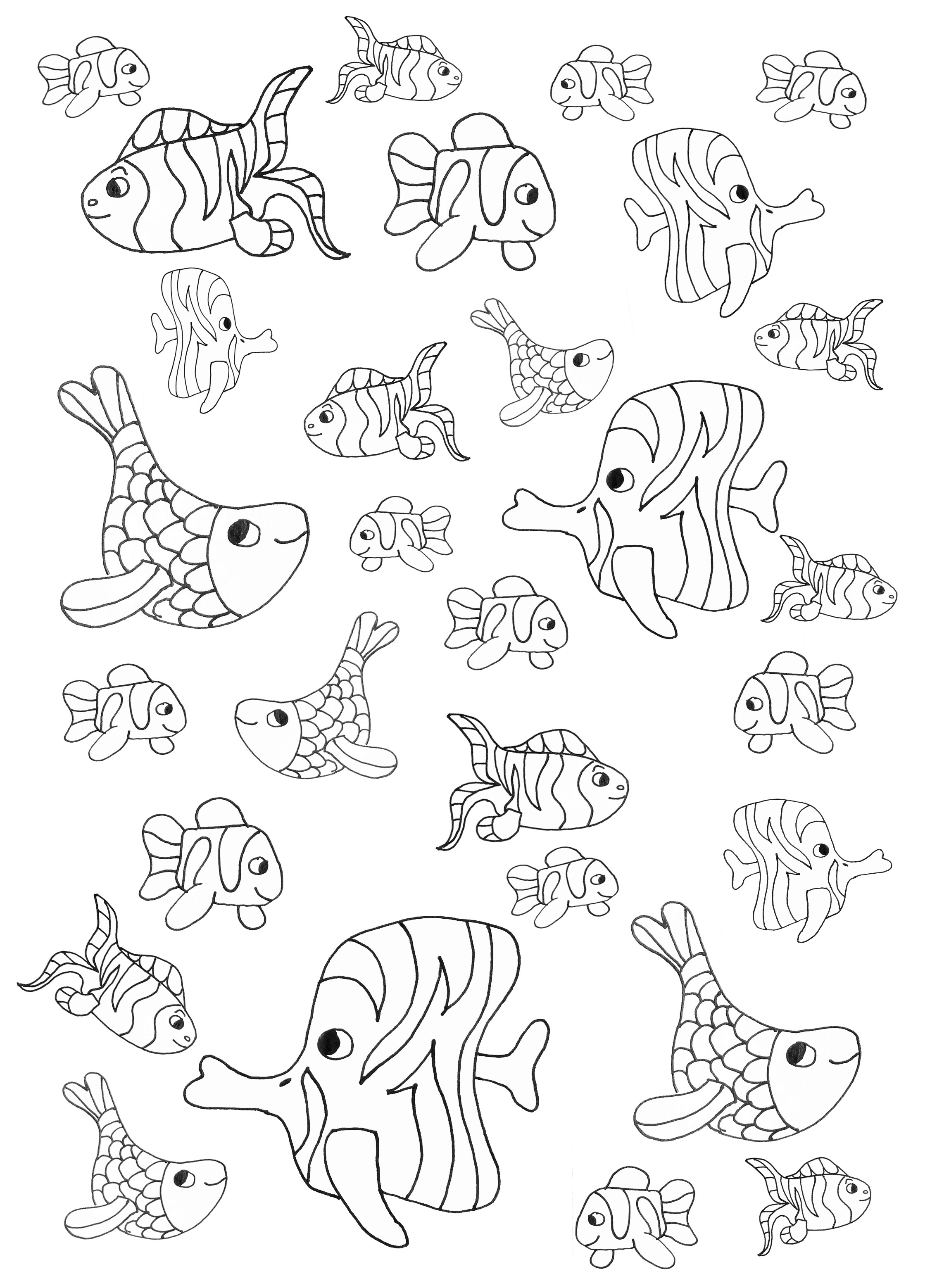 Simple coloring page with cute fishes, original drawing by Olivier, Artist : Olivier