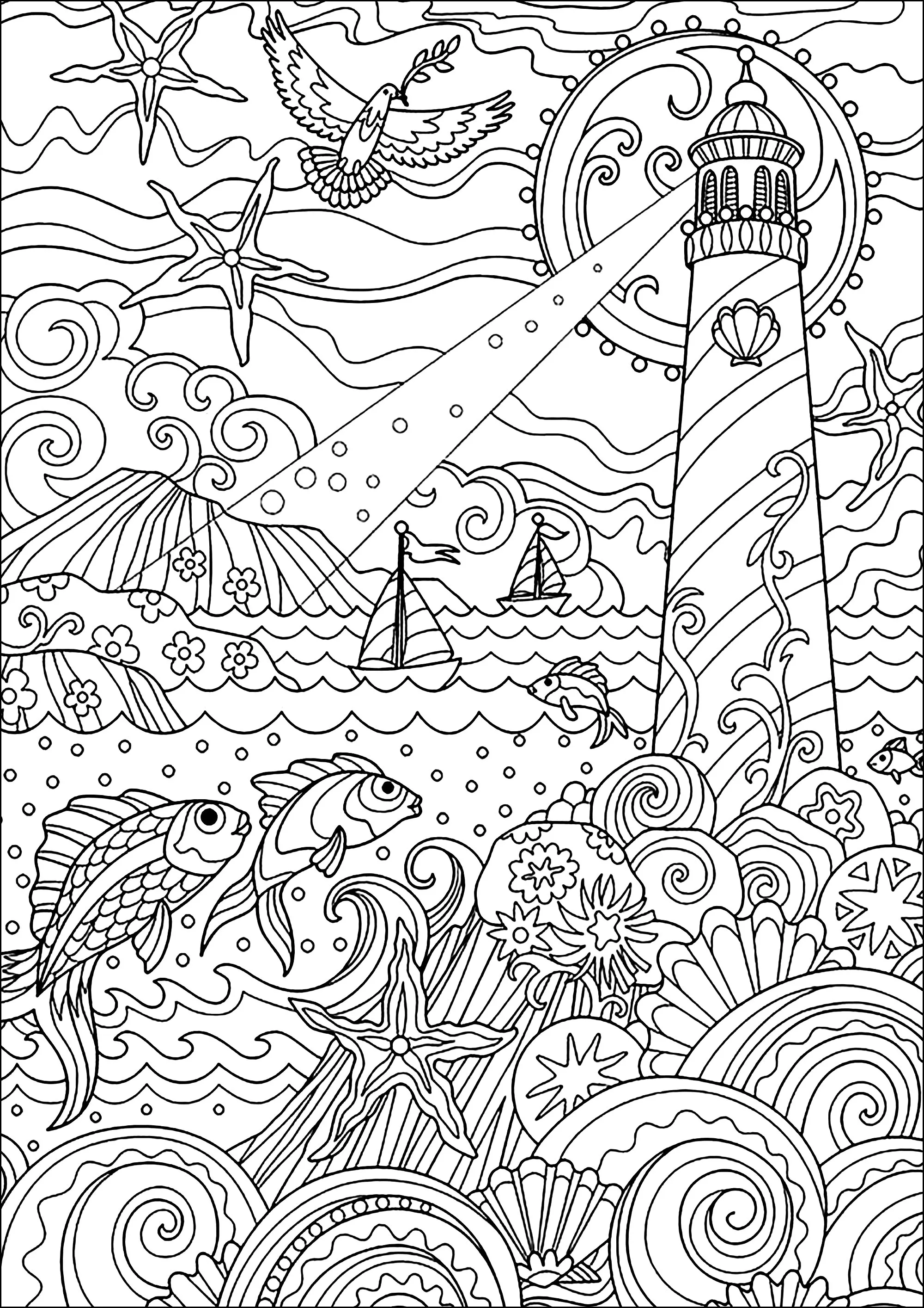 Lighthouse illuminating the sea, with beautiful fish and corals (Printable Water world Coloring Page for adults)