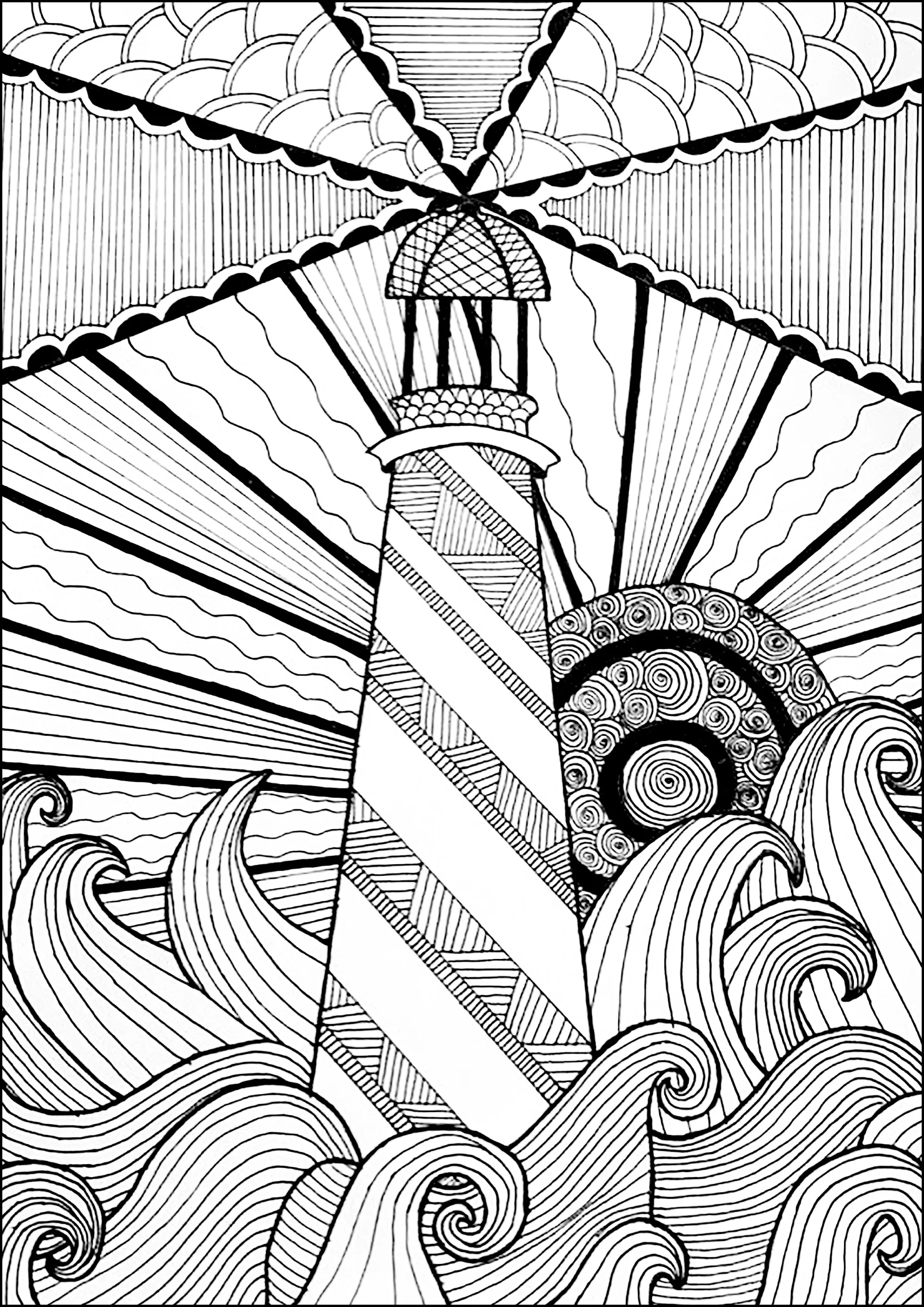 Magnificent lighthouse amid raging waves (Printable Water world Coloring Page for adults)