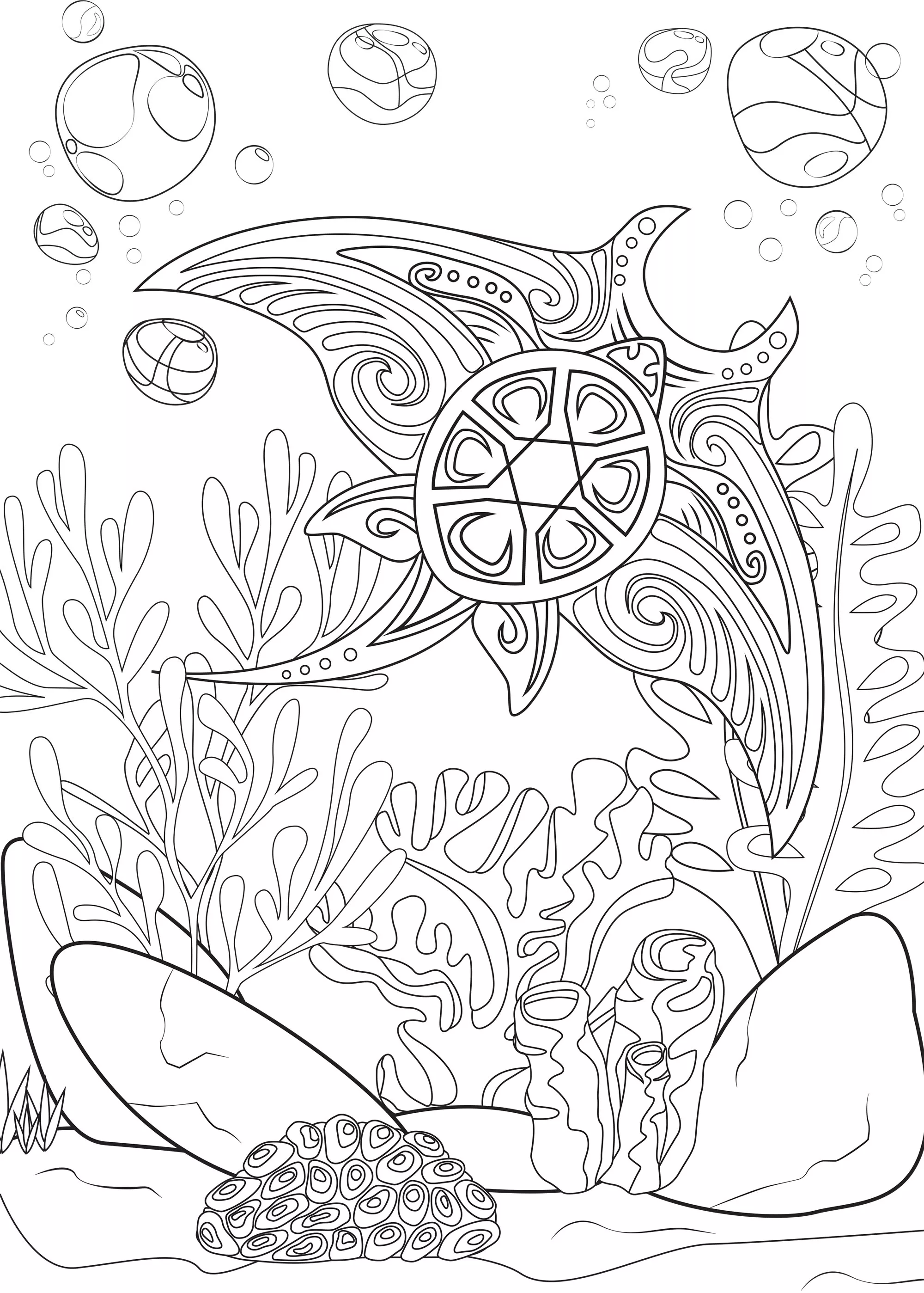 The world of the Manta ray (Printable Water world Coloring Page for adults)