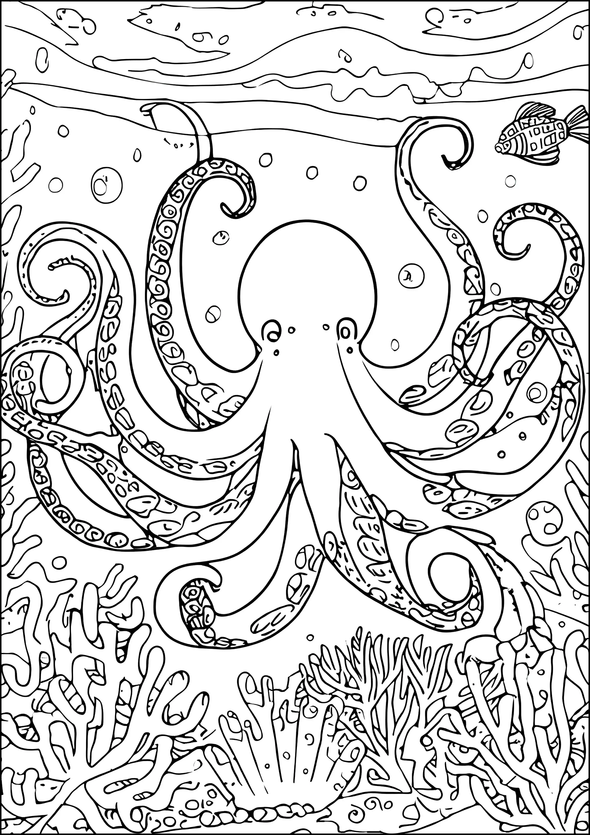 Seabed octopuses (Printable Water world Coloring Page for adults)