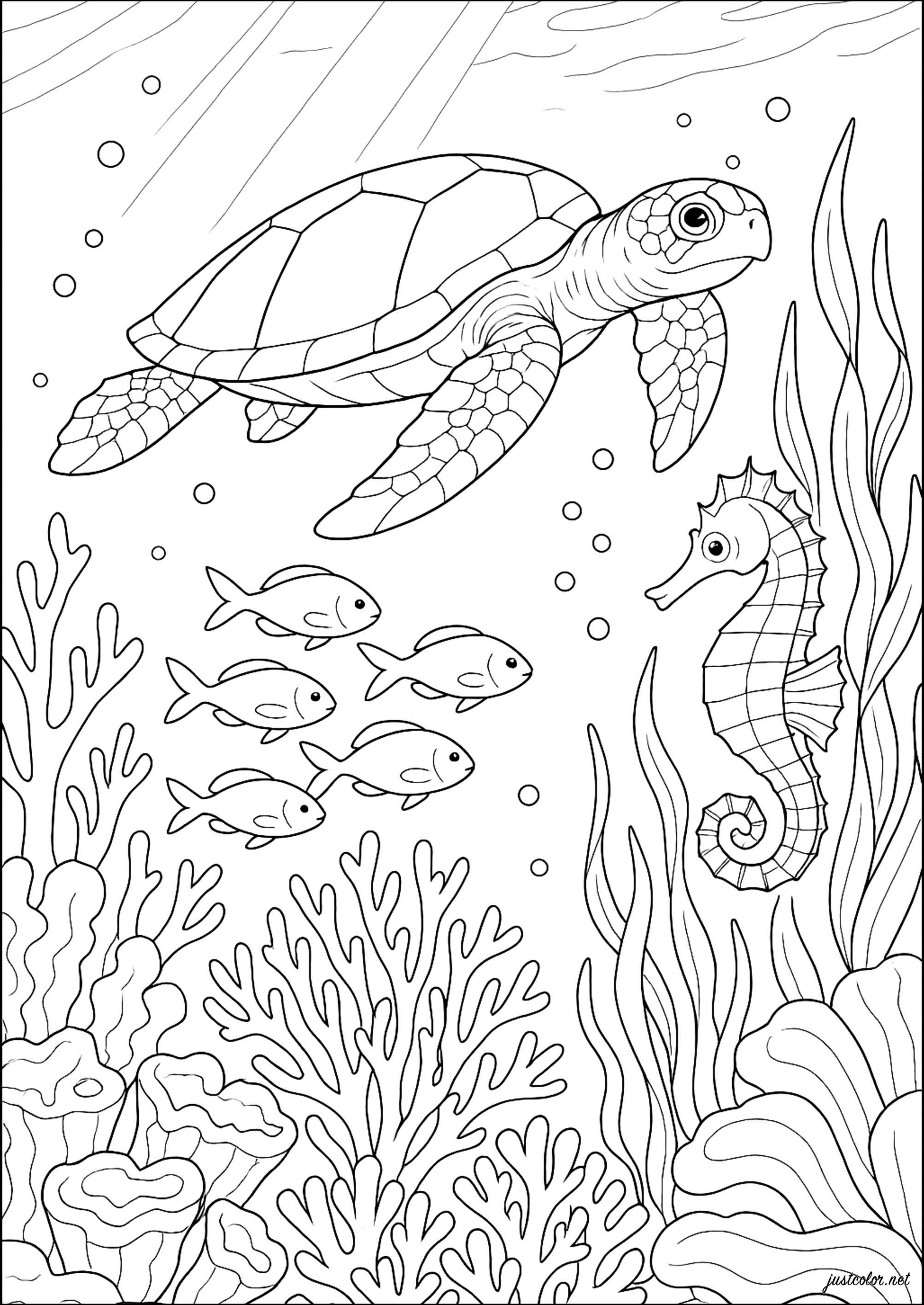 Underwater stroll (Printable Water world Coloring Page for adults)