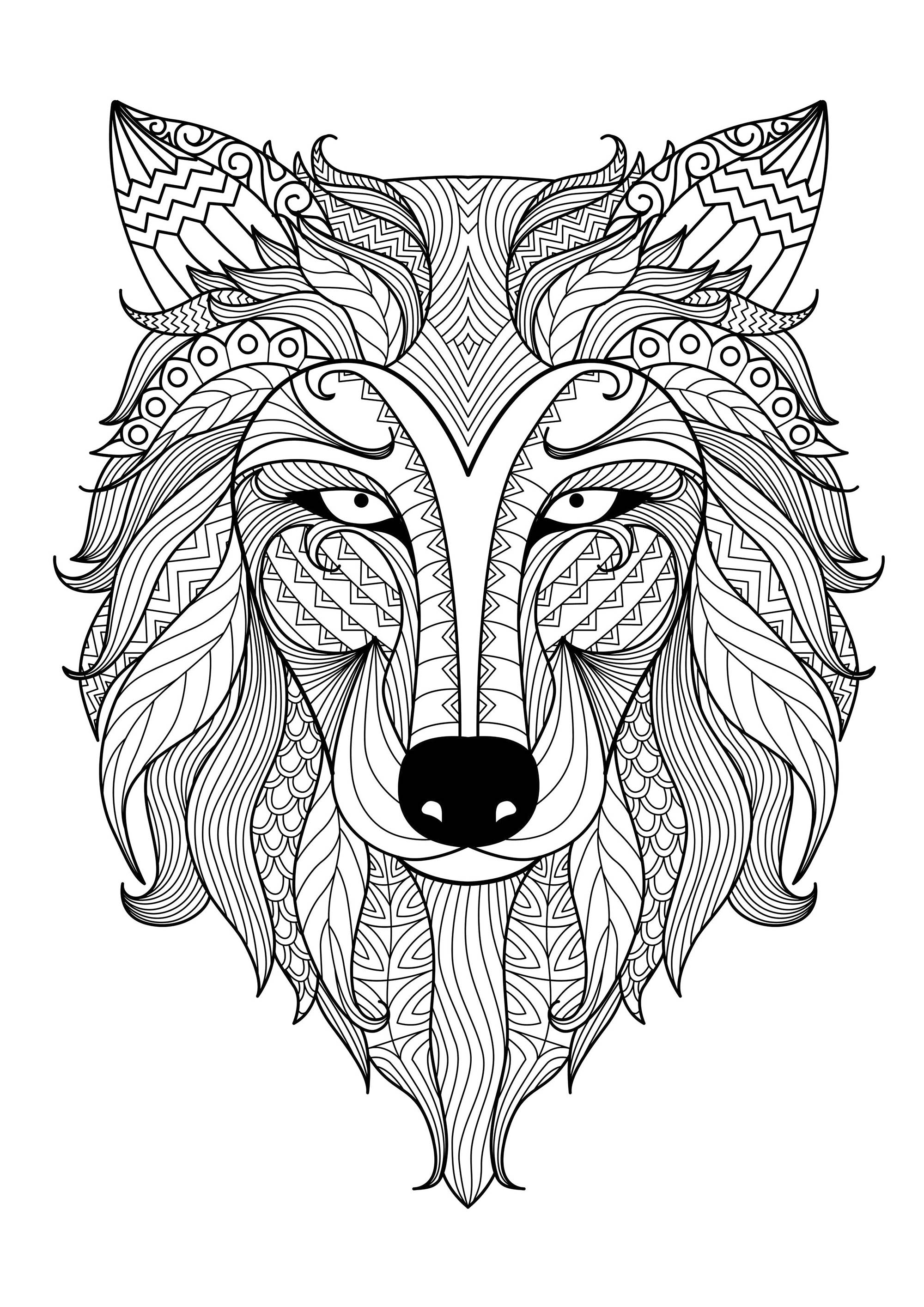 An incredible wolf and its many details. This coloring page is truly exceptional! It depicts a wolf's head with many varied, abstract details, Artist : Bimdeedee   Source : 123rf