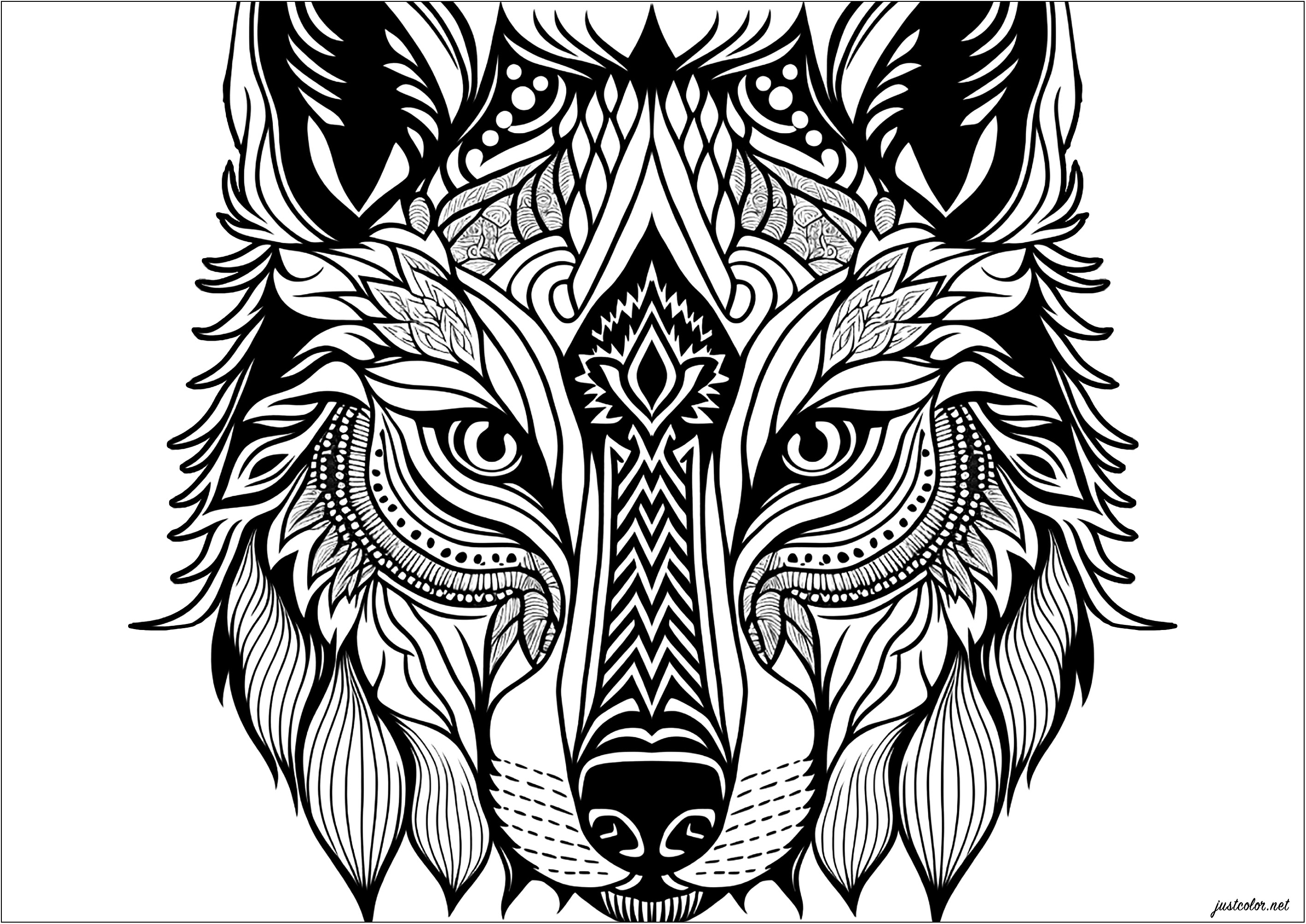 Unleash your imagination with this stunning coloring page of a wolf head. The intricate design features abstract and geometrical patterns, creating a mesmerizing and visually captivating masterpiece. Your task is to bring these lines and shapes to life with bold and vibrant colors, making the wolf head come alive in a unique and colorful way.