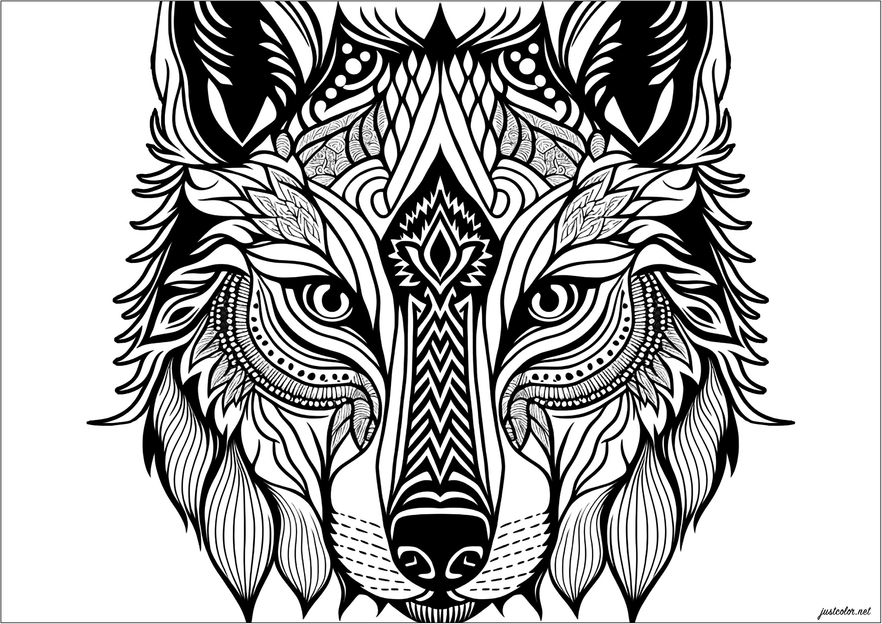 Let your imagination run wild with this superb coloring page featuring a wolf's head. This illustration features abstract and geometric patterns, creating a captivating and mesmerizing work of art. It's up to you to bring these lines and shapes to life with bright, bold colors, giving the wolf's head a unique, colorful allure.