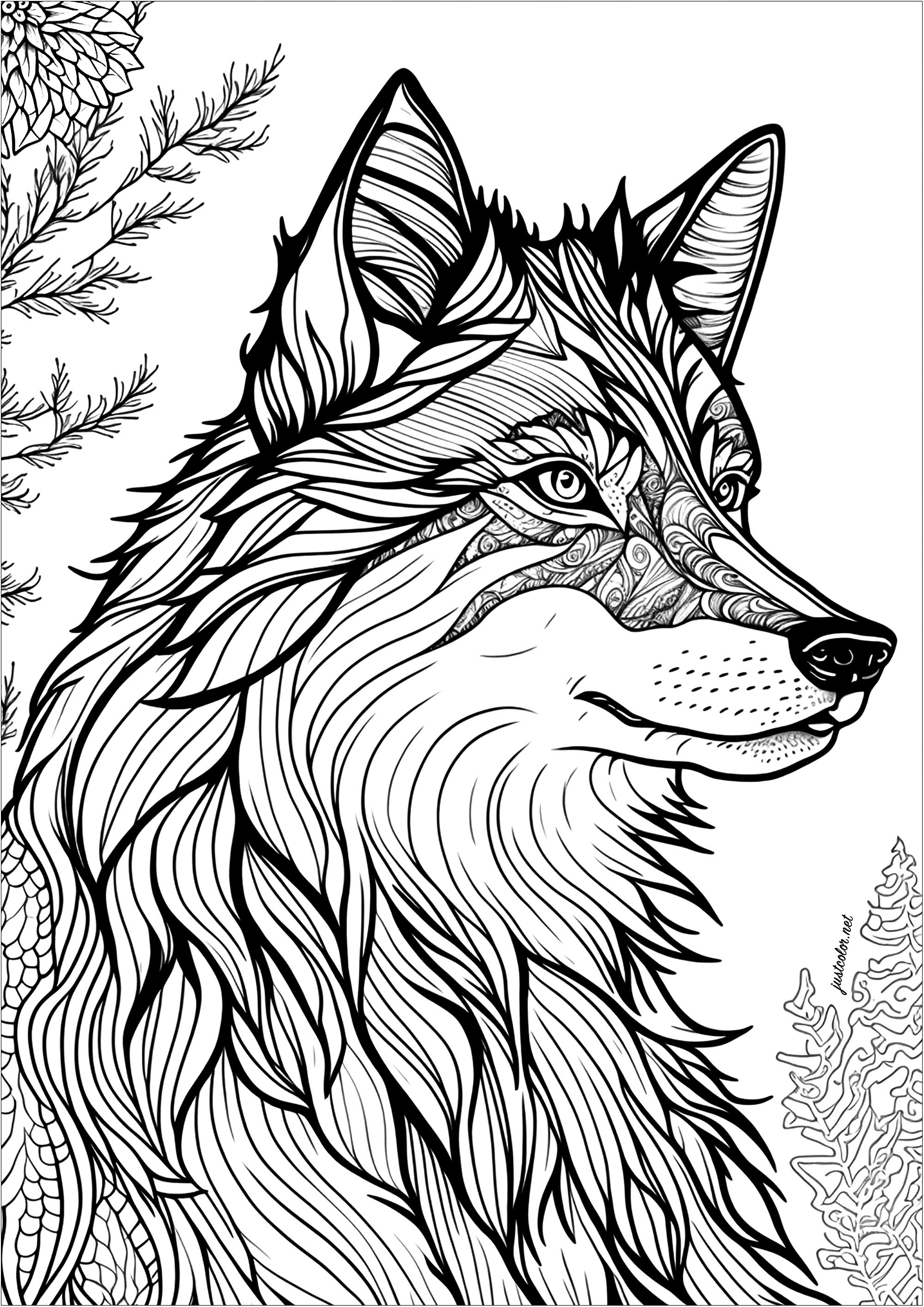 Coloring of a wolf, seen in profile. The eyes of this wolf are particularly expressive, its look is captivating and mysterious.