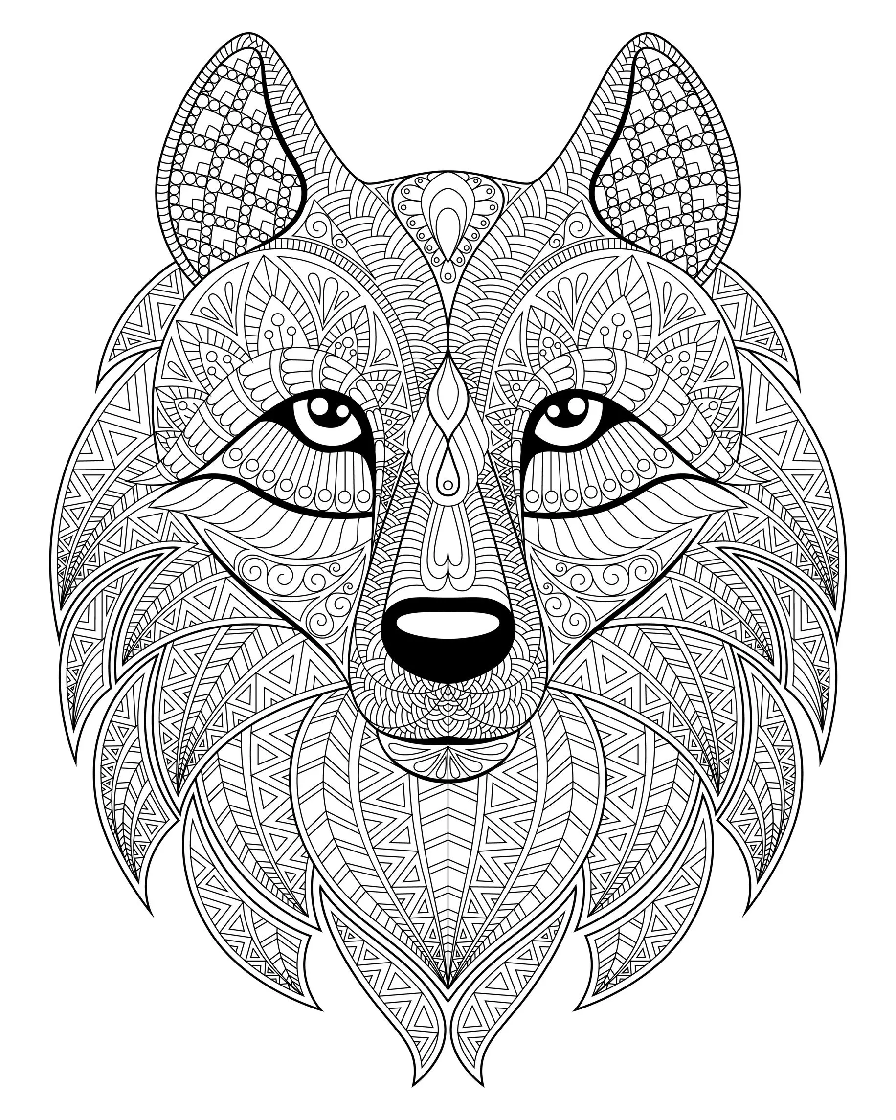 Wolf head complex patterns (Printable Coloring Page for adults)
