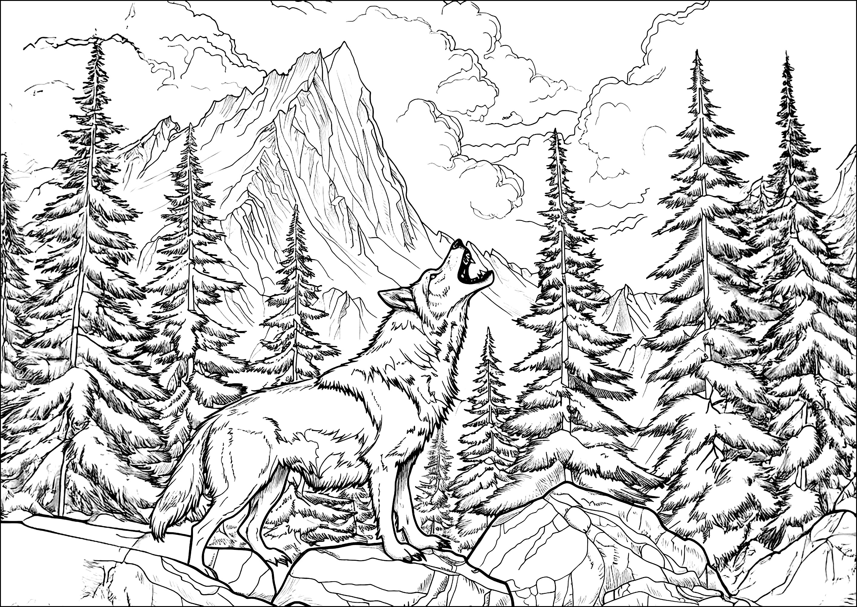 Wolf howling at the full moon (Printable Coloring Page for adults)
