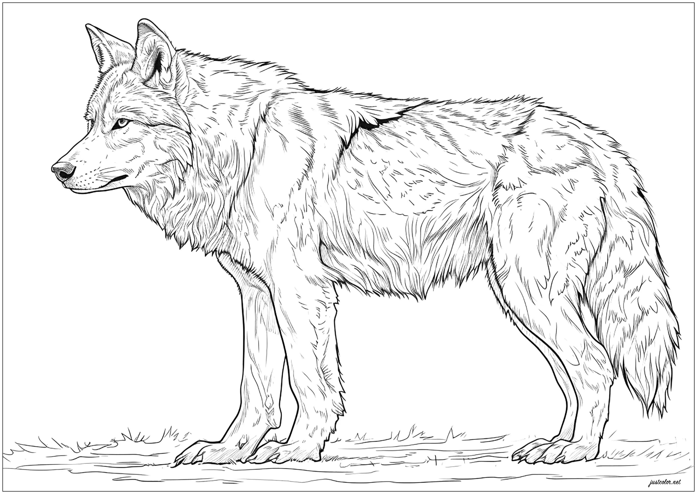 Majestic wolf in a very realistic design (Printable Coloring Page for adults)