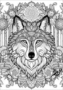 Wolf and mandalas (Coloring Page)