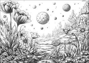 Garden from another planet. A garden on another planet: crystalline plants, flowers with transparent petals, crater-textured soil and extraterrestrial fruit.
In the sky, we see other planets in this distant solar system. Garden from another planet