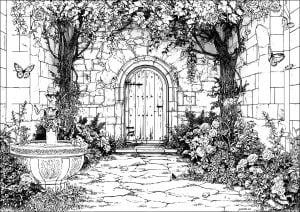 Romantic secret garden. A secret garden behind an old carved door, with climbing plants, an ancient moss-covered fountain, butterflies and a stone path leading to a plant arch. Romantic secret garden
